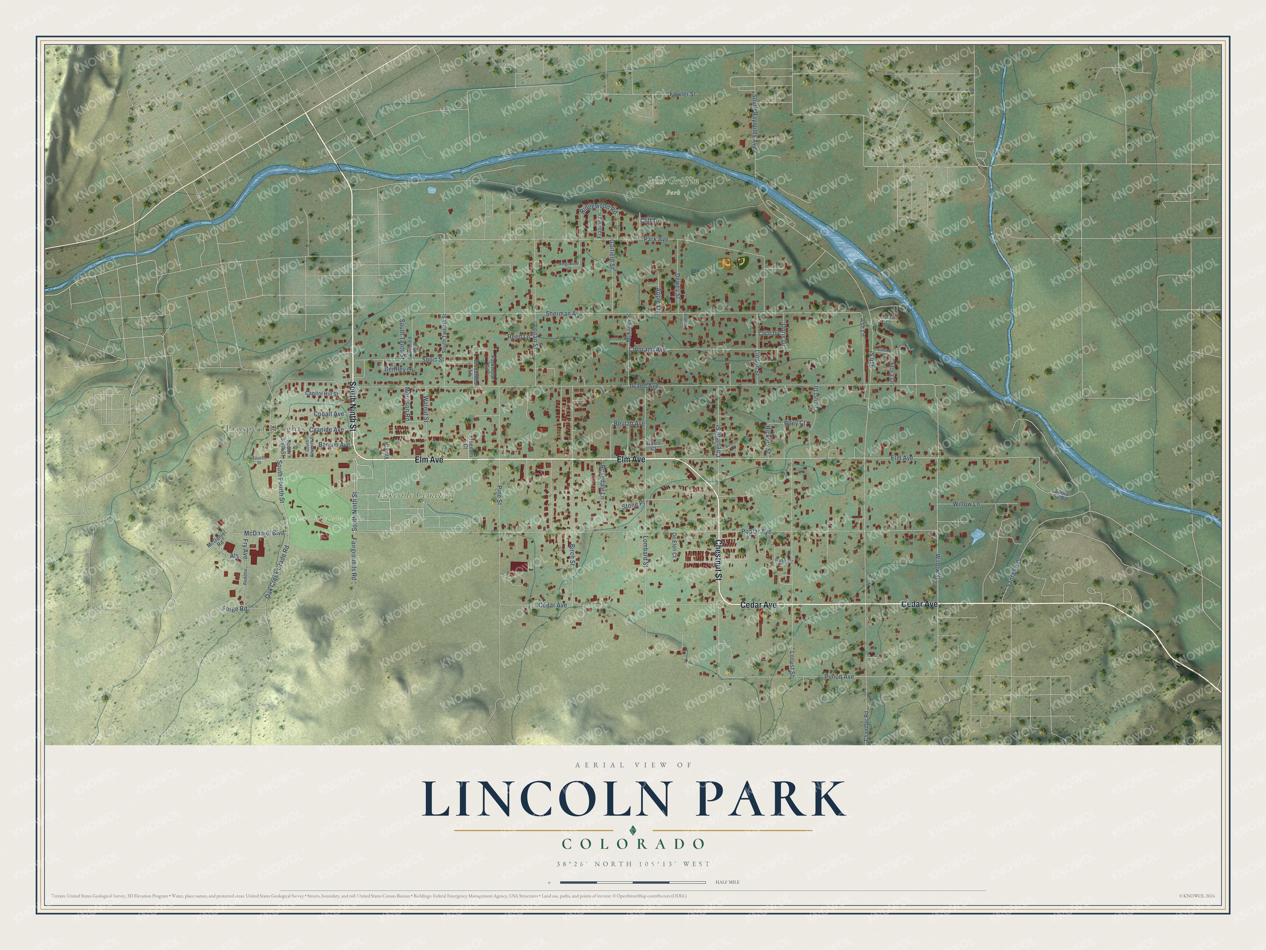 Full map of Lincoln Park, Colorado, with red buildings, printed street names and the land around them