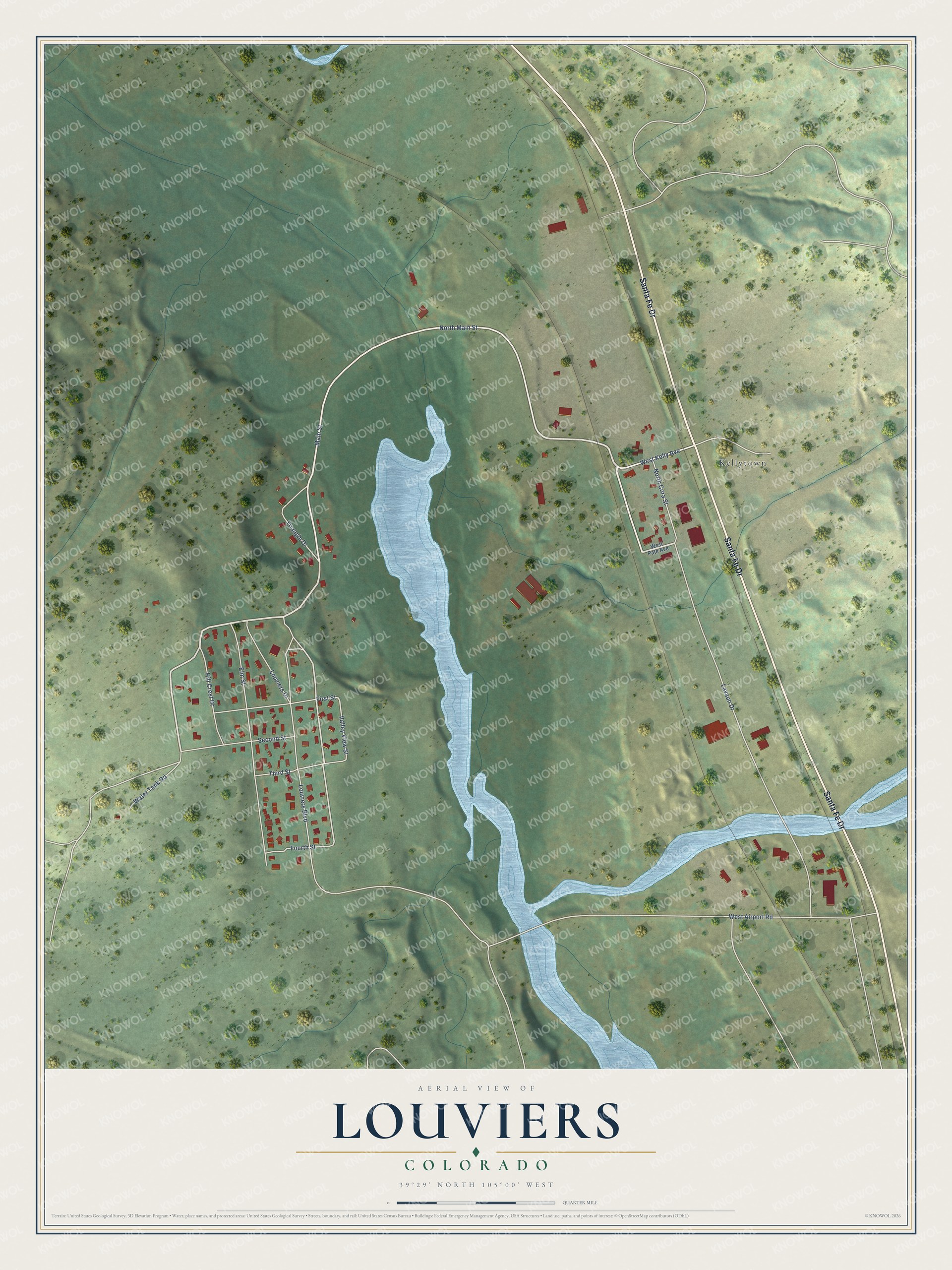 Full map of Louviers, Colorado, with red buildings, printed street names and the land around them