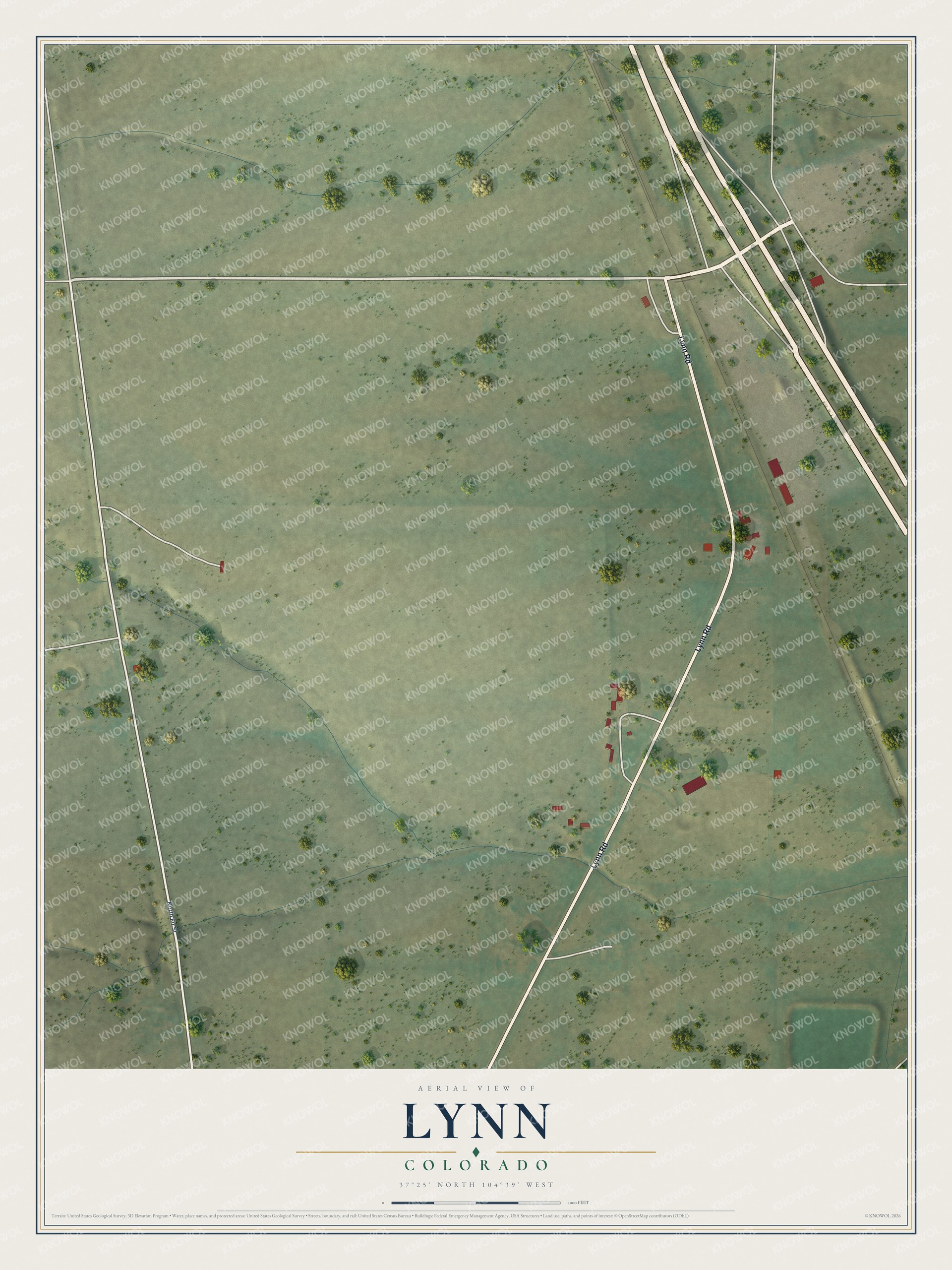 Full map of Lynn, Colorado, with red buildings, printed street names and the land around them