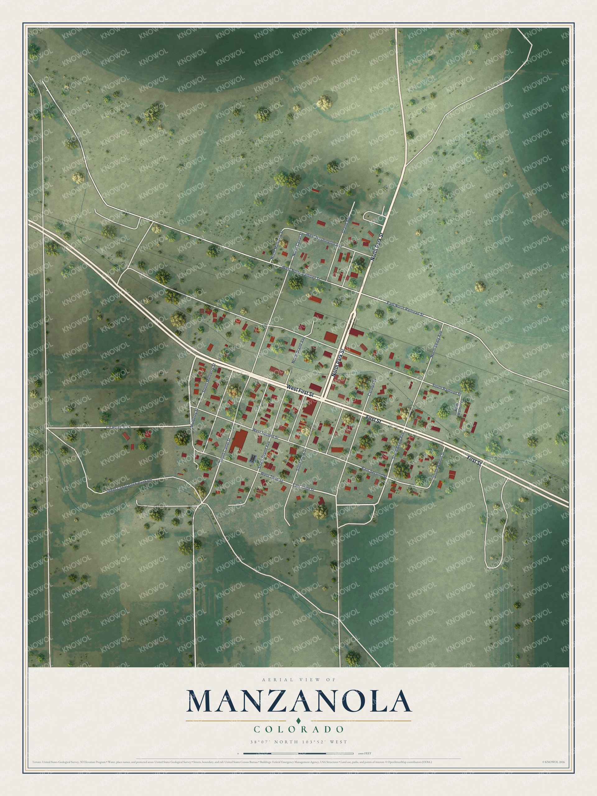 Full map of Manzanola, Colorado, with red buildings, printed street names and the land around them