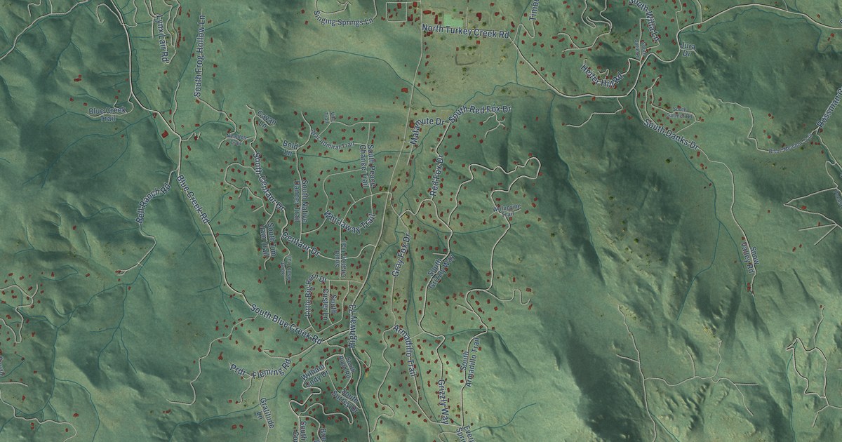Close-up of streets and buildings in Marshdale, Colorado