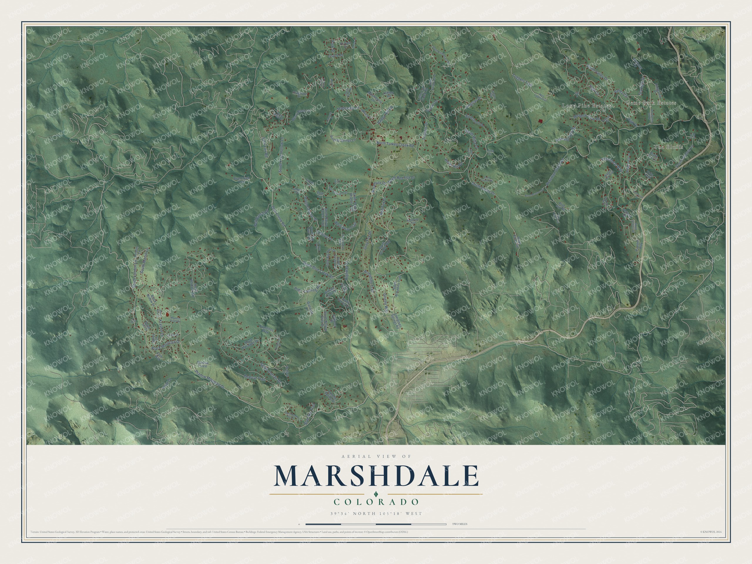 Full map of Marshdale, Colorado, with red buildings, printed street names and the land around them
