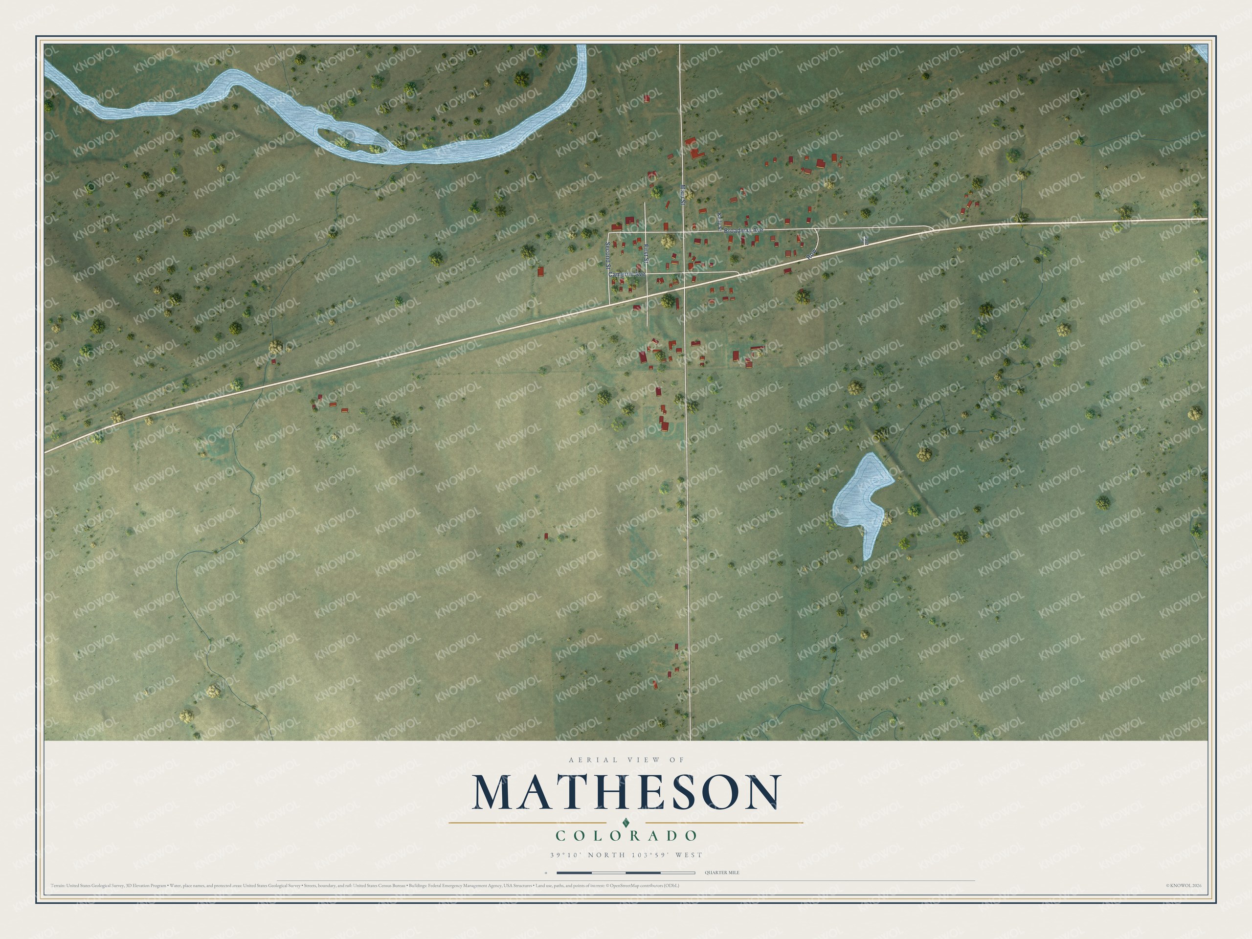Full map of Matheson, Colorado, with red buildings, printed street names and the land around them