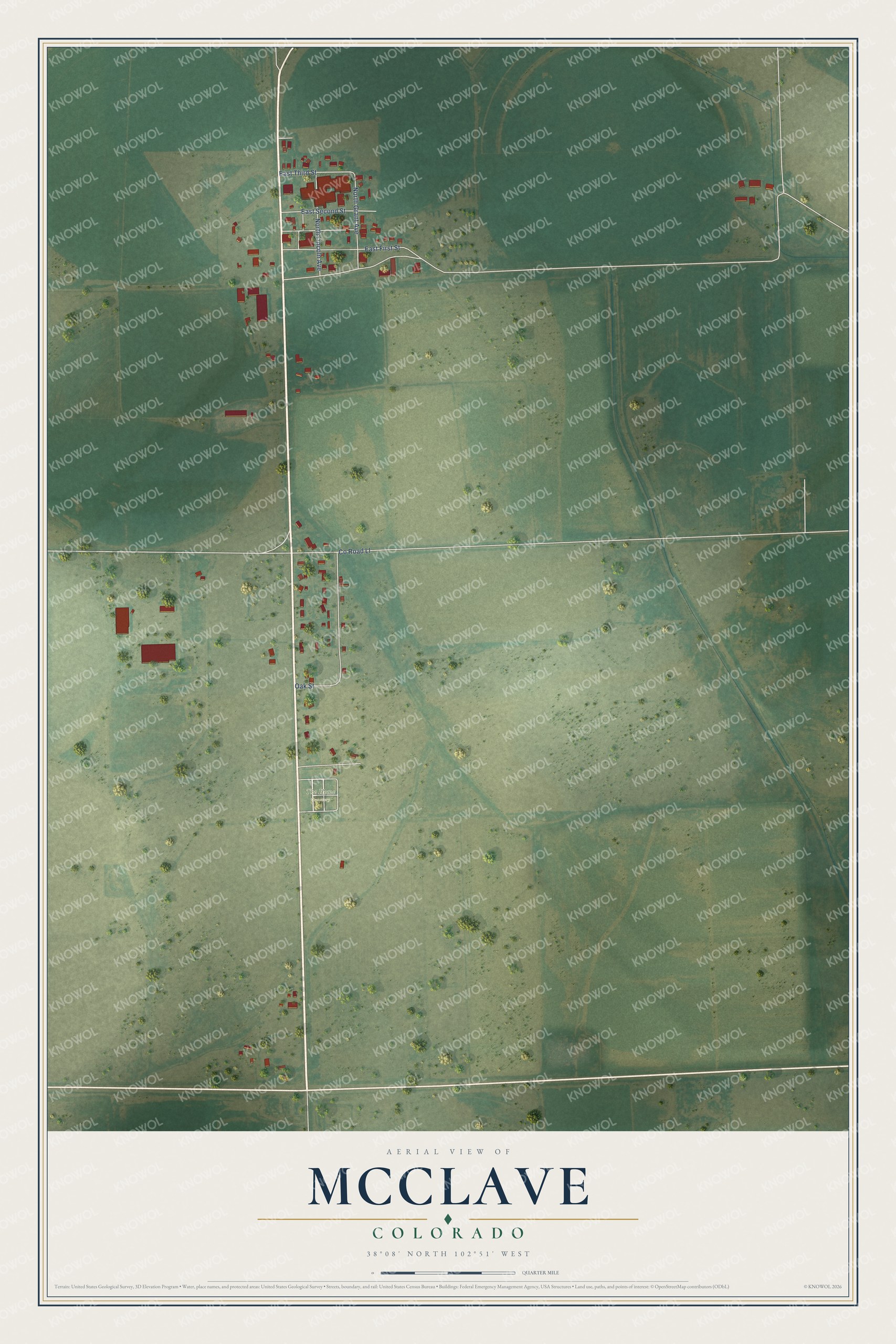 Full map of McClave, Colorado, with red buildings, printed street names and the land around them