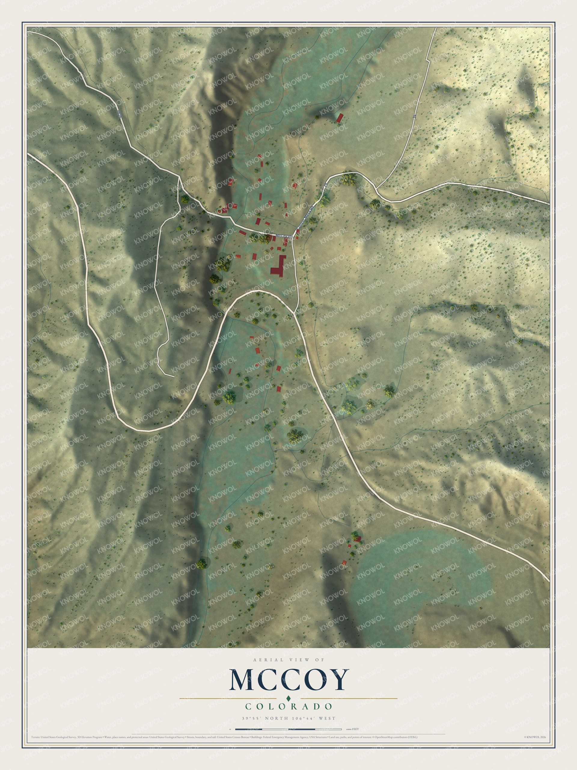 Full map of McCoy, Colorado, with red buildings, printed street names and the land around them