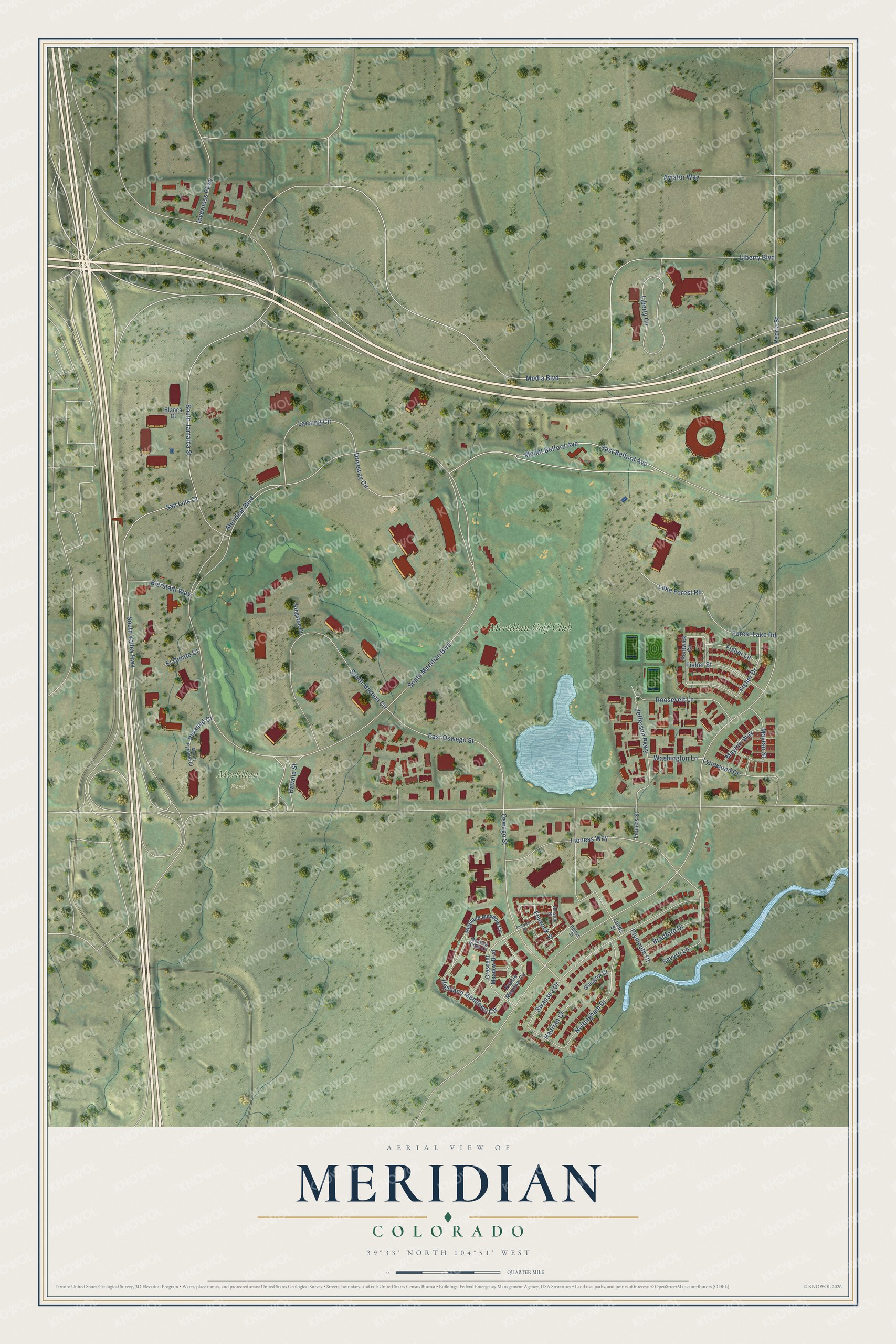 Full map of Meridian, Colorado, with red buildings, printed street names and the land around them