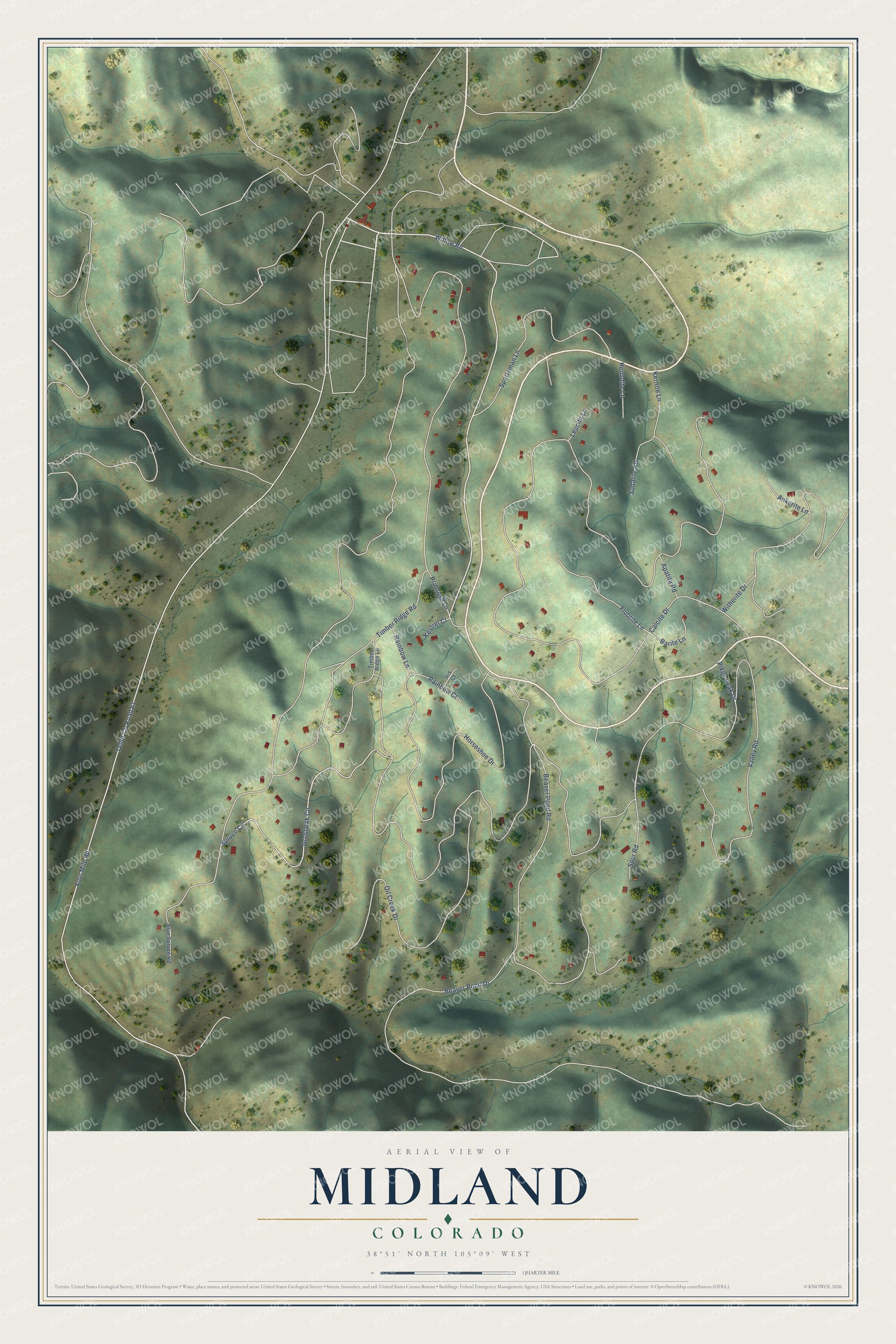 Full map of Midland, Colorado, with red buildings, printed street names and the land around them