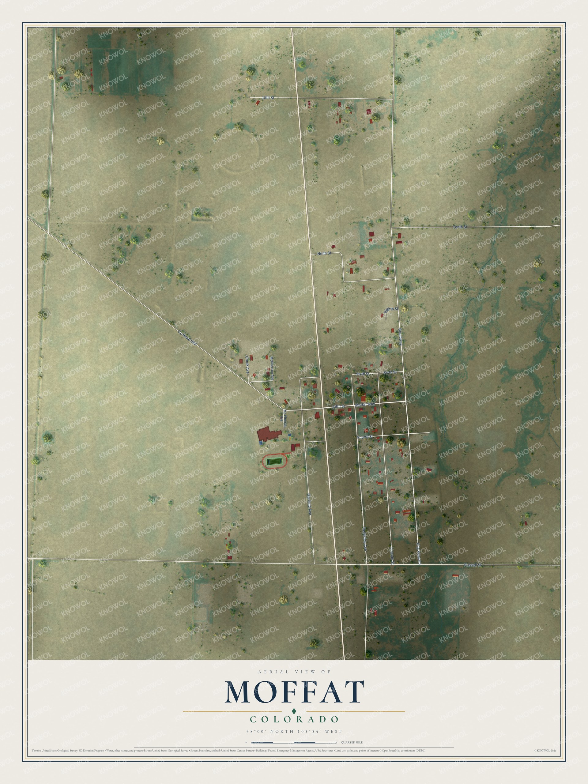 Full map of Moffat, Colorado, with red buildings, printed street names and the land around them