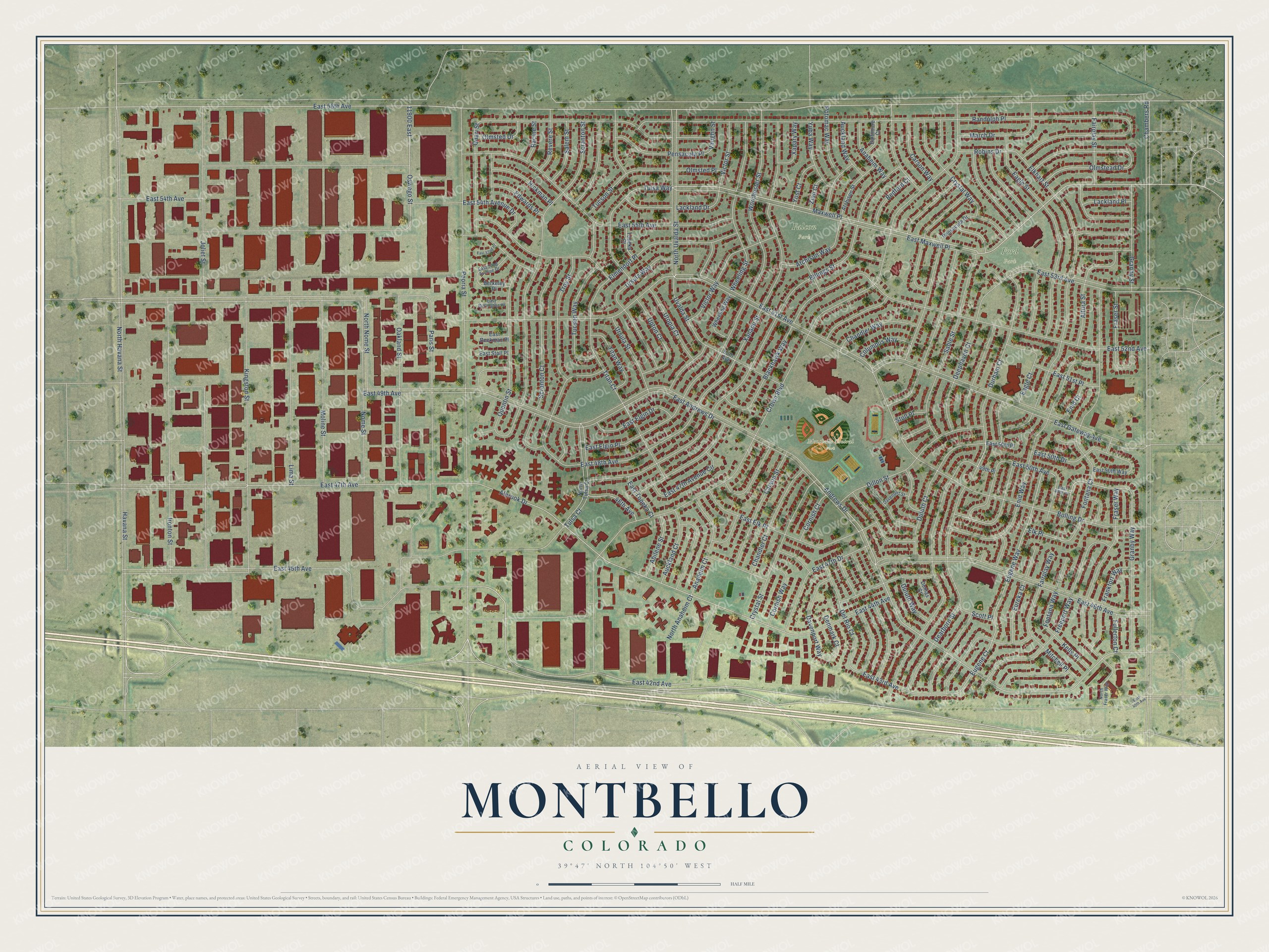Full map of Montbello, Colorado, with red buildings, printed street names and the land around them