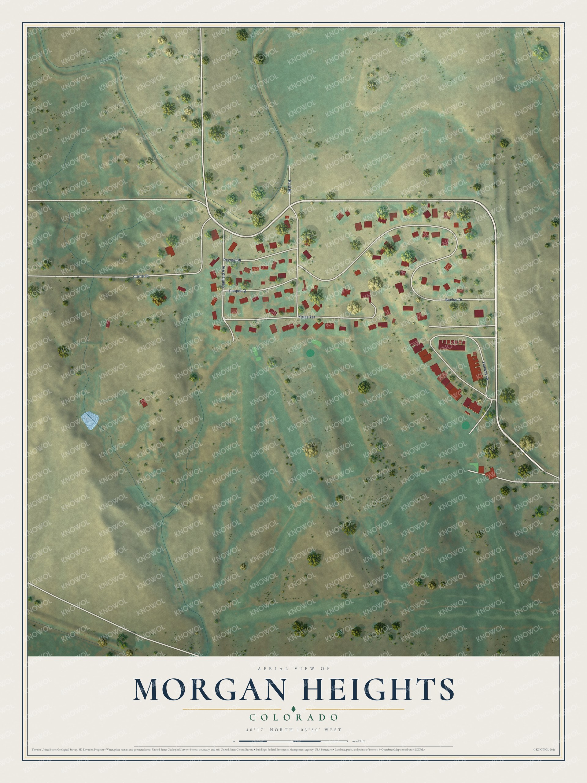 Full map of Morgan Heights, Colorado, with red buildings, printed street names and the land around them