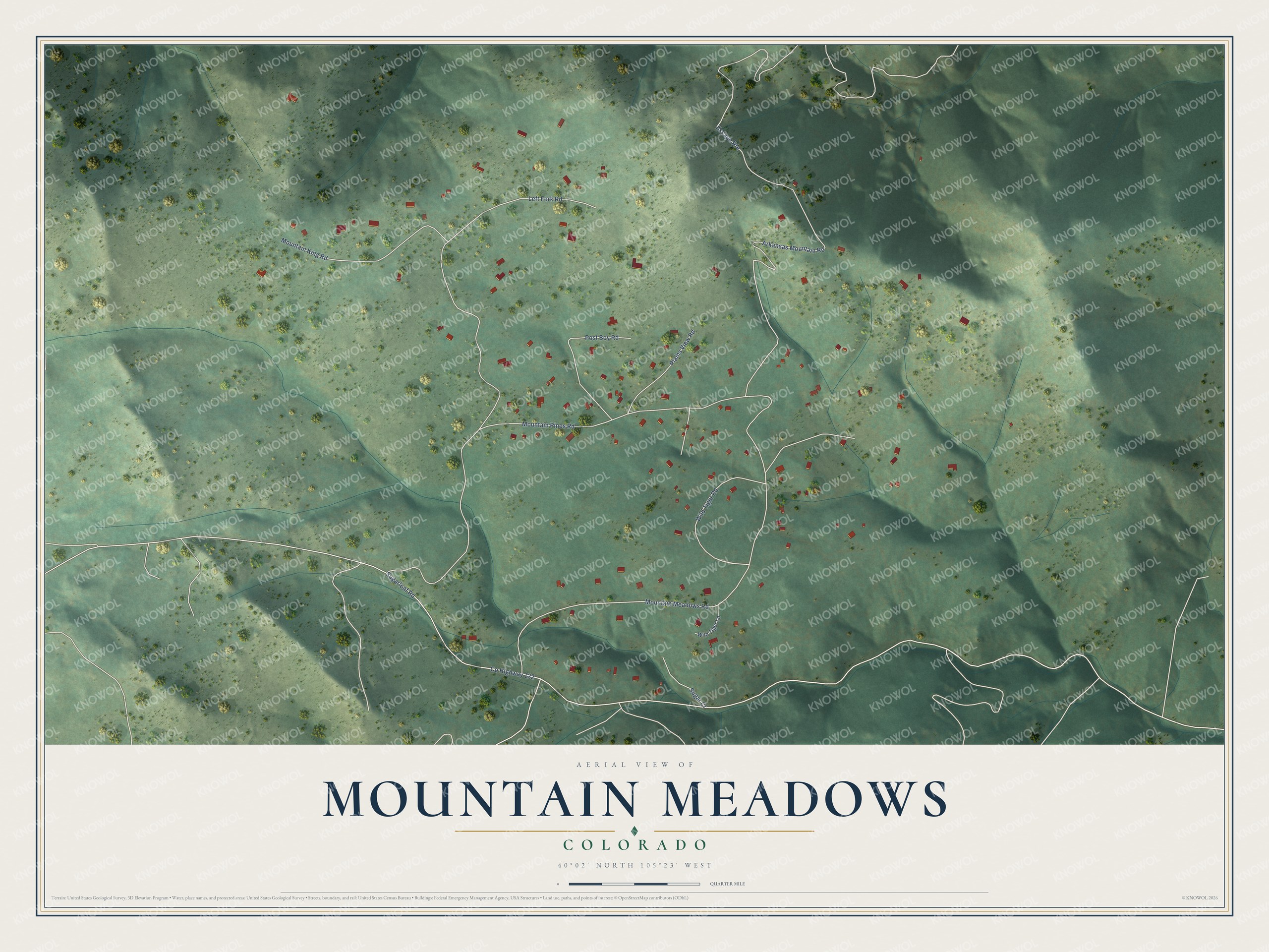 Full map of Mountain Meadows, Colorado, with red buildings, printed street names and the land around them