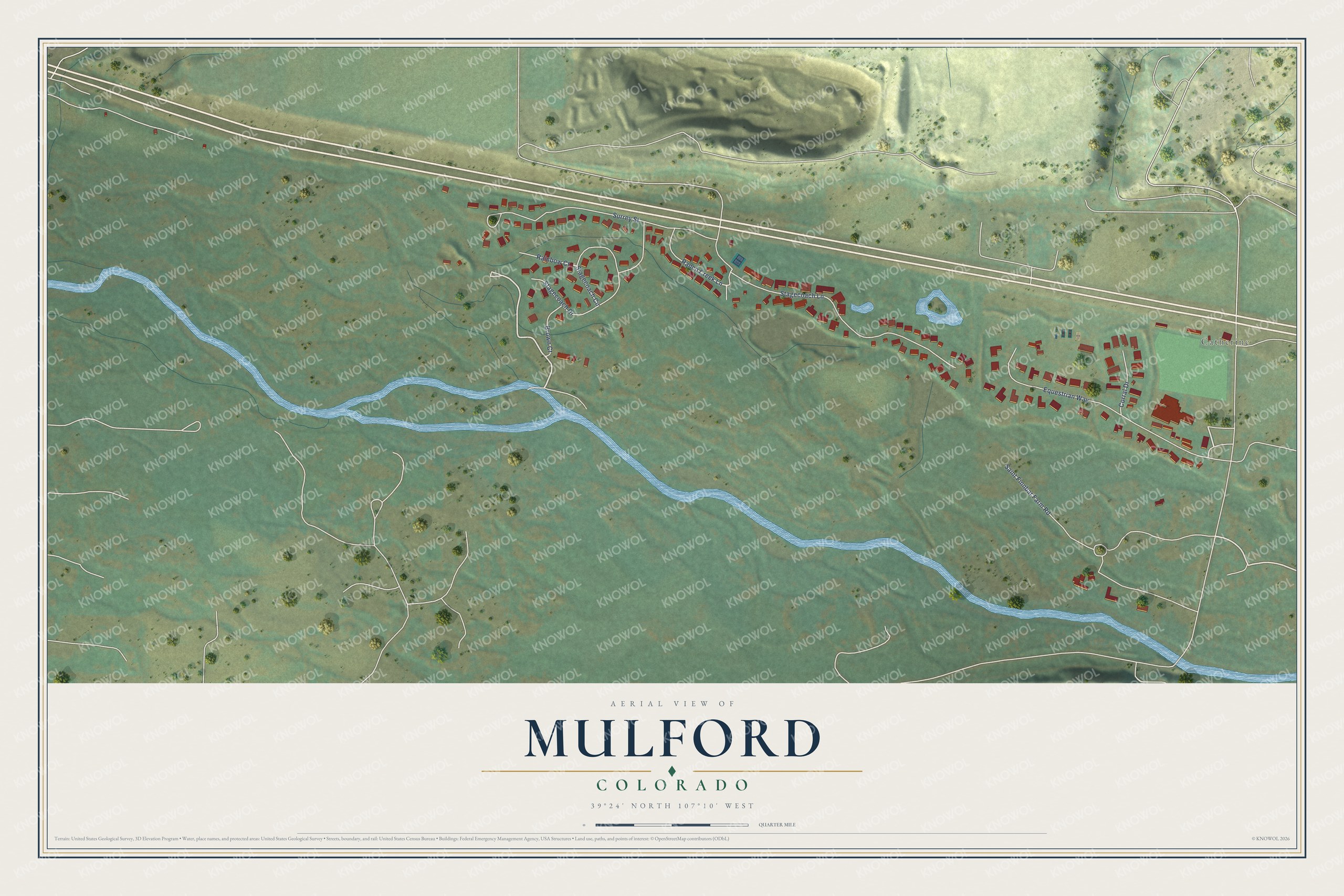 Full map of Mulford, Colorado, with red buildings, printed street names and the land around them