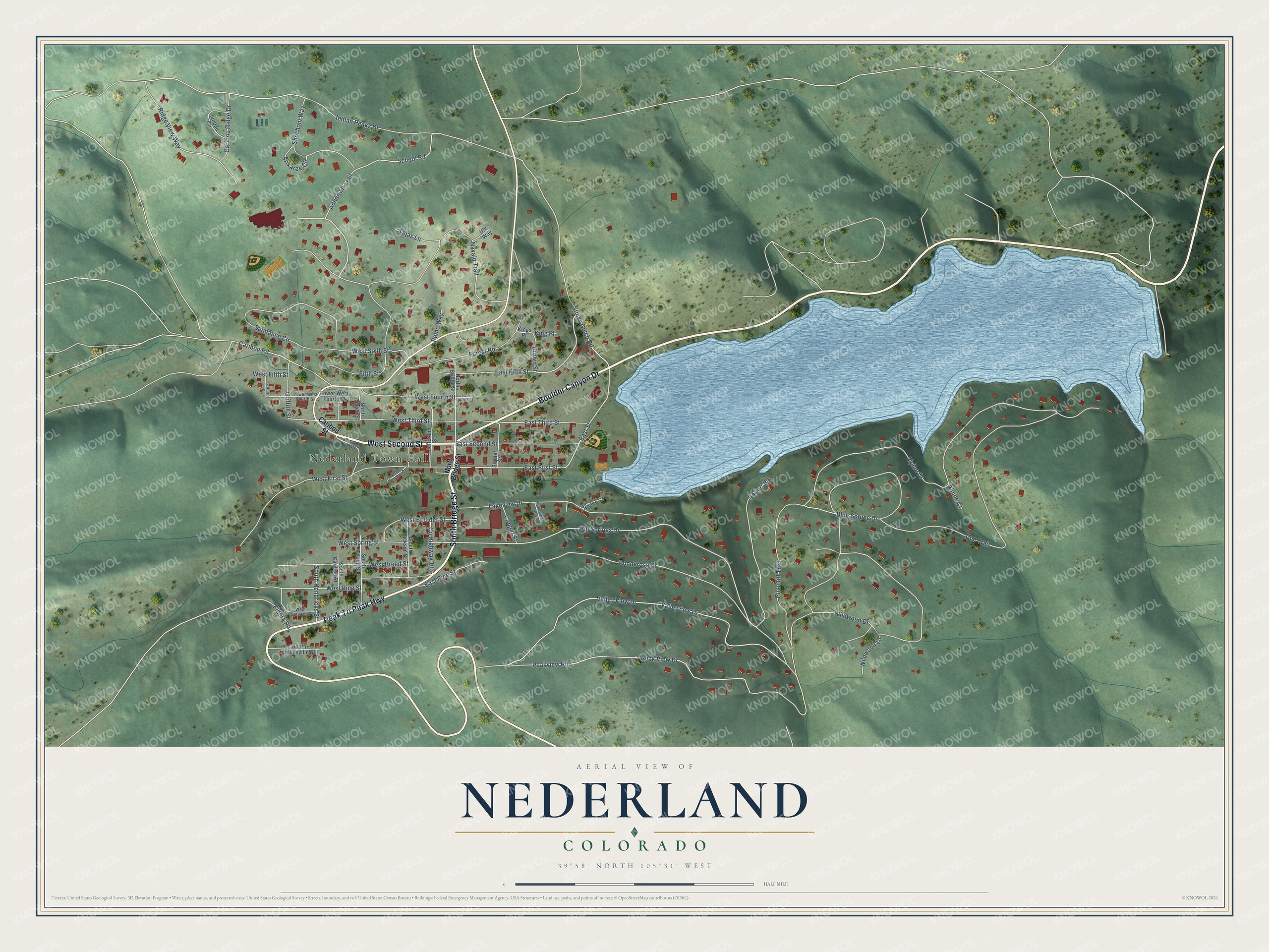 Full map of Nederland, Colorado, with red buildings, printed street names and the land around them