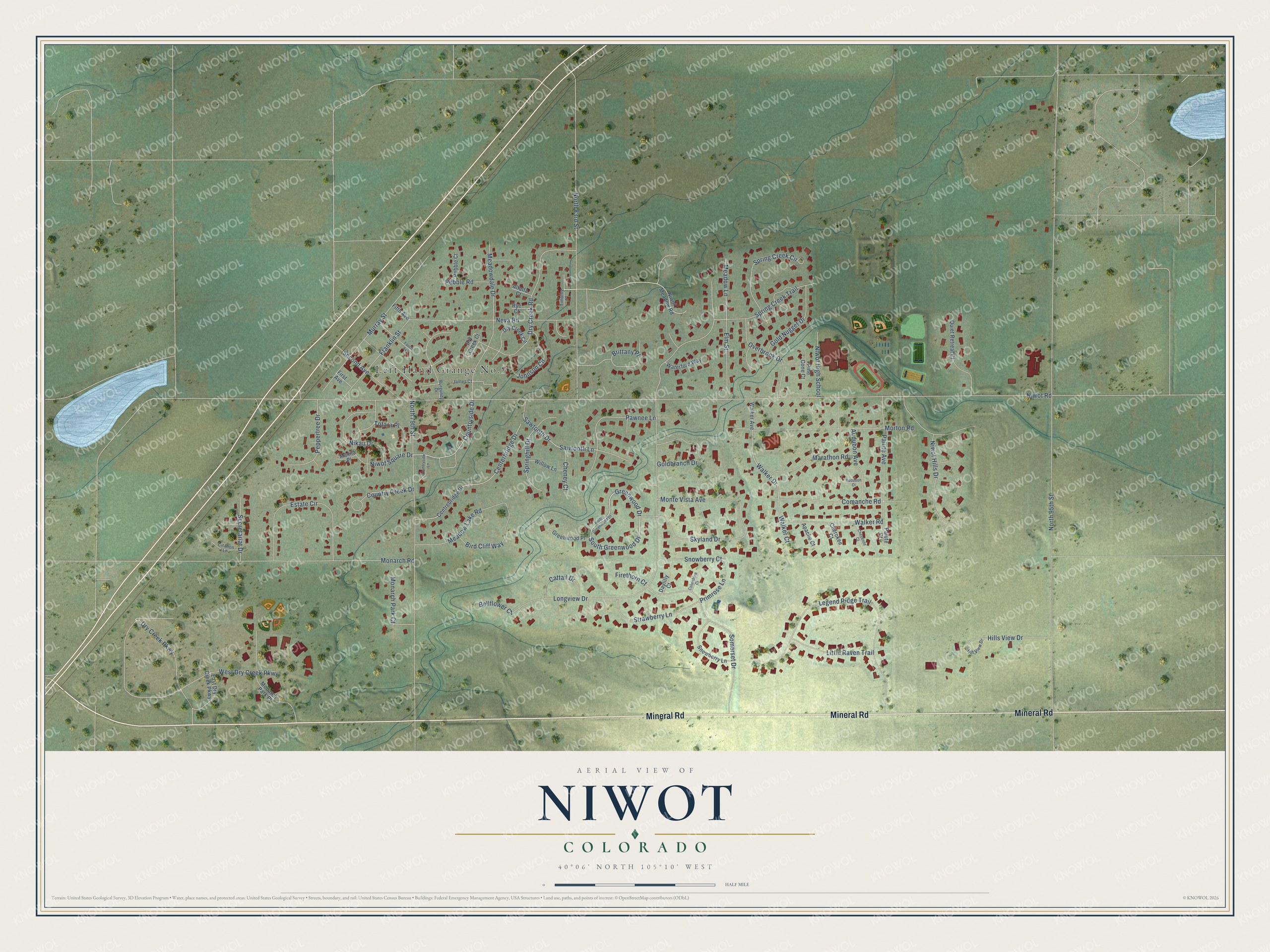 Full map of Niwot, Colorado, with red buildings, printed street names and the land around them