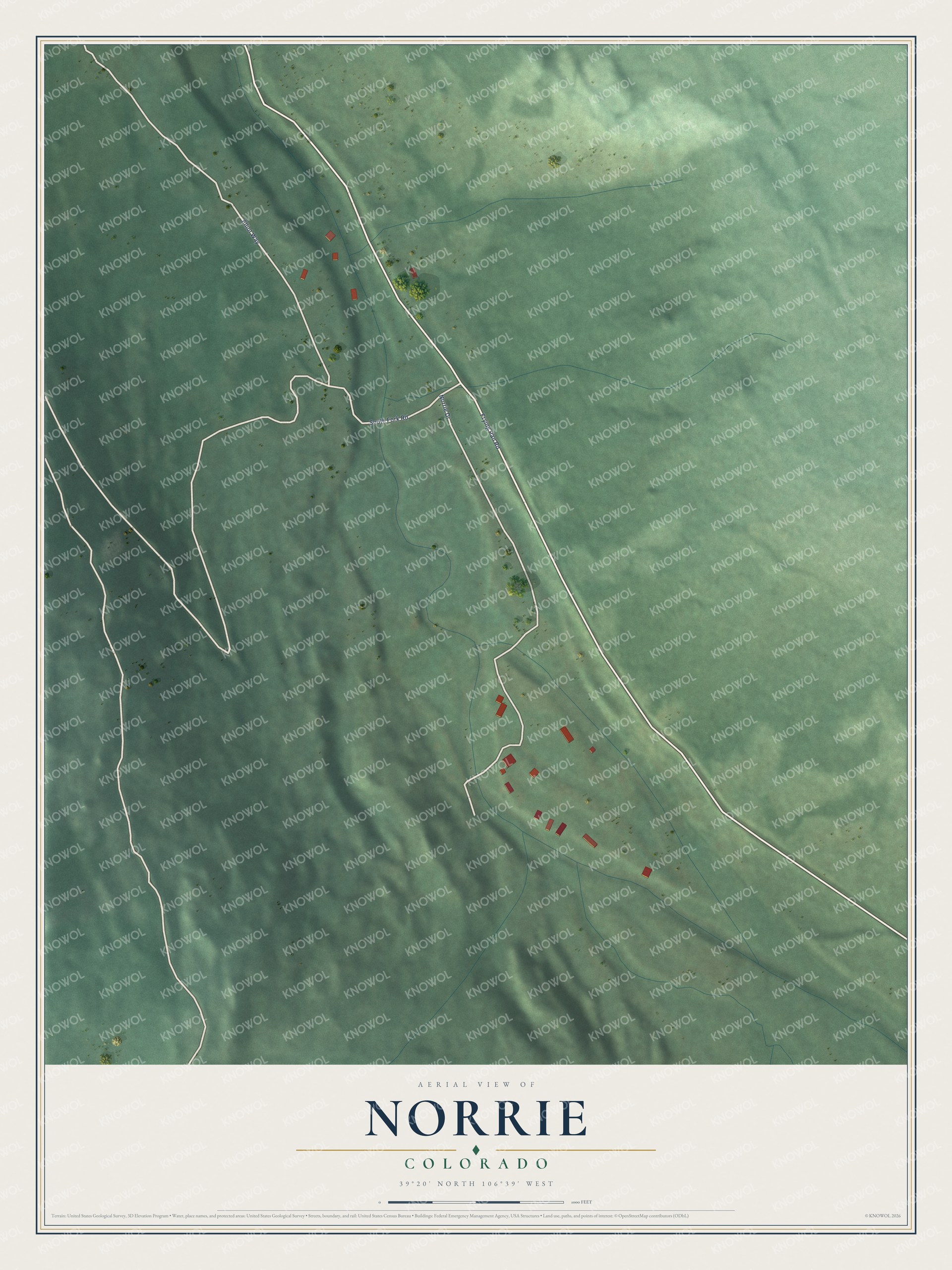 Full map of Norrie, Colorado, with red buildings, printed street names and the land around them
