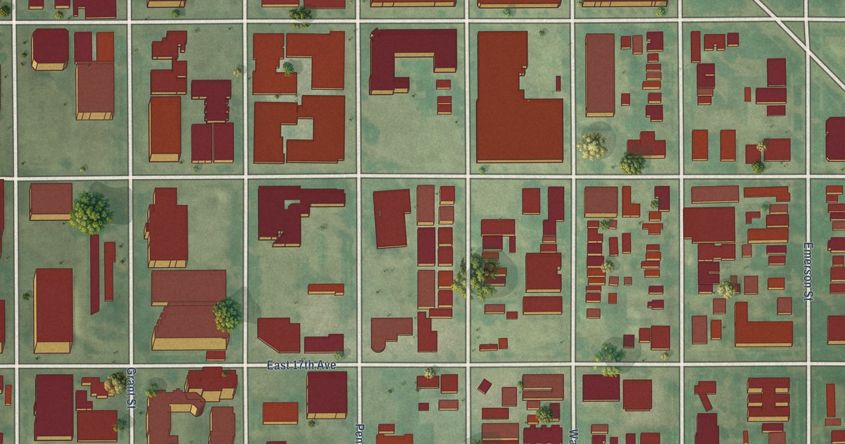 Close-up of streets and buildings in North Capitol Hill, Colorado