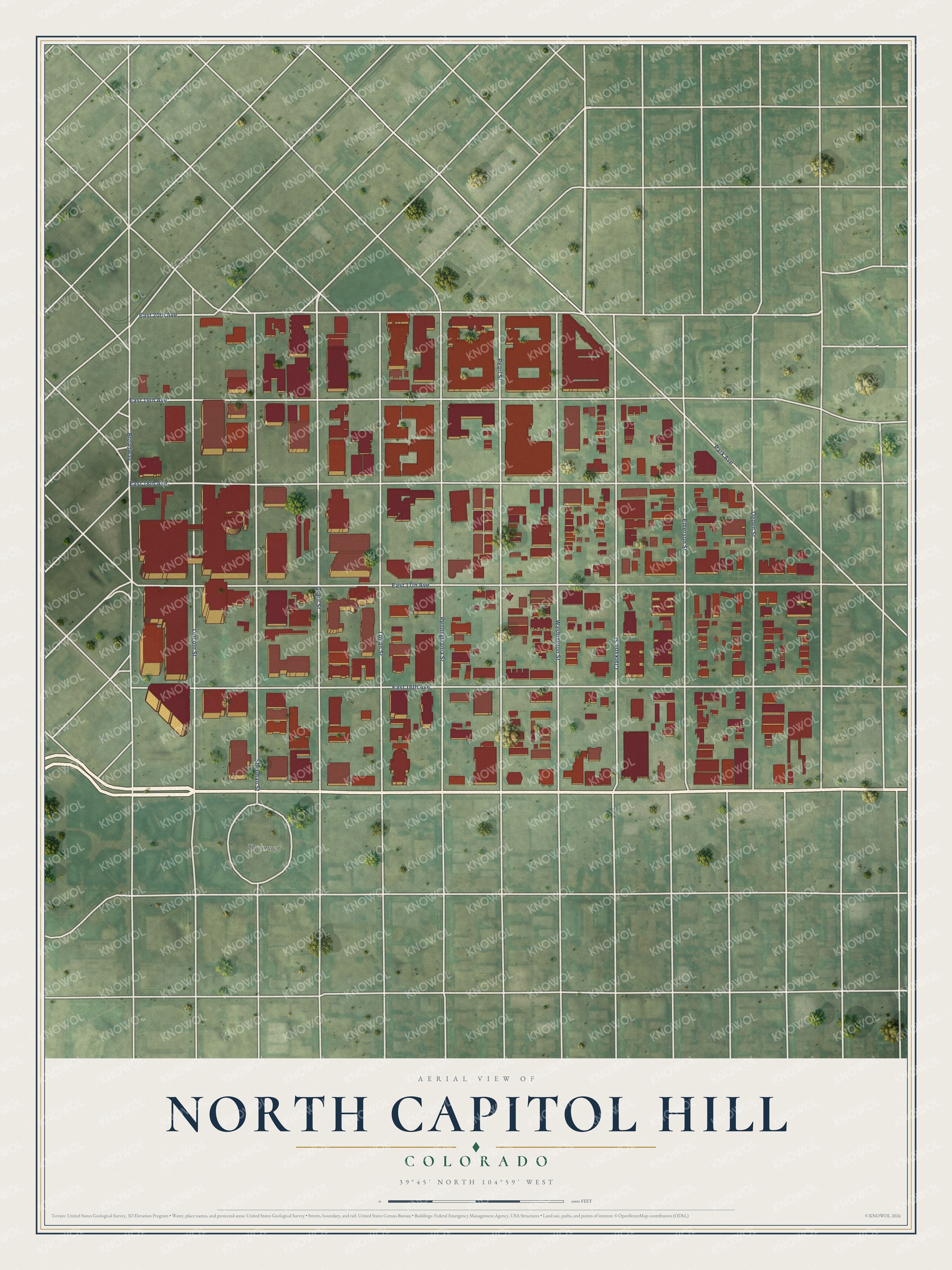 Full map of North Capitol Hill, Colorado, with red buildings, printed street names and the land around them