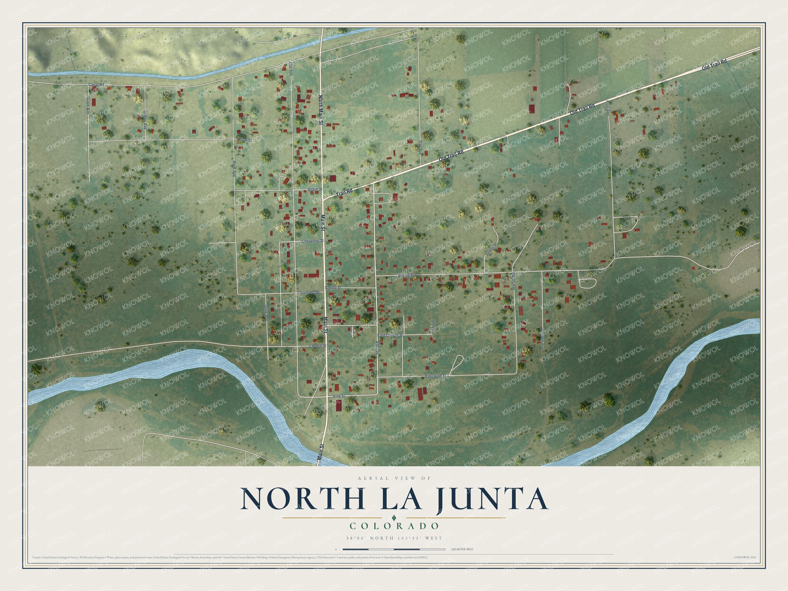 Full map of North La Junta, Colorado, with red buildings, printed street names and the land around them