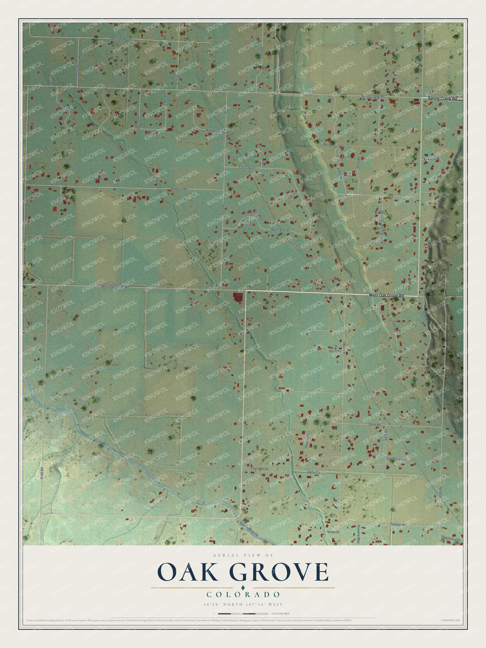 Full map of Oak Grove, Colorado, with red buildings, printed street names and the land around them