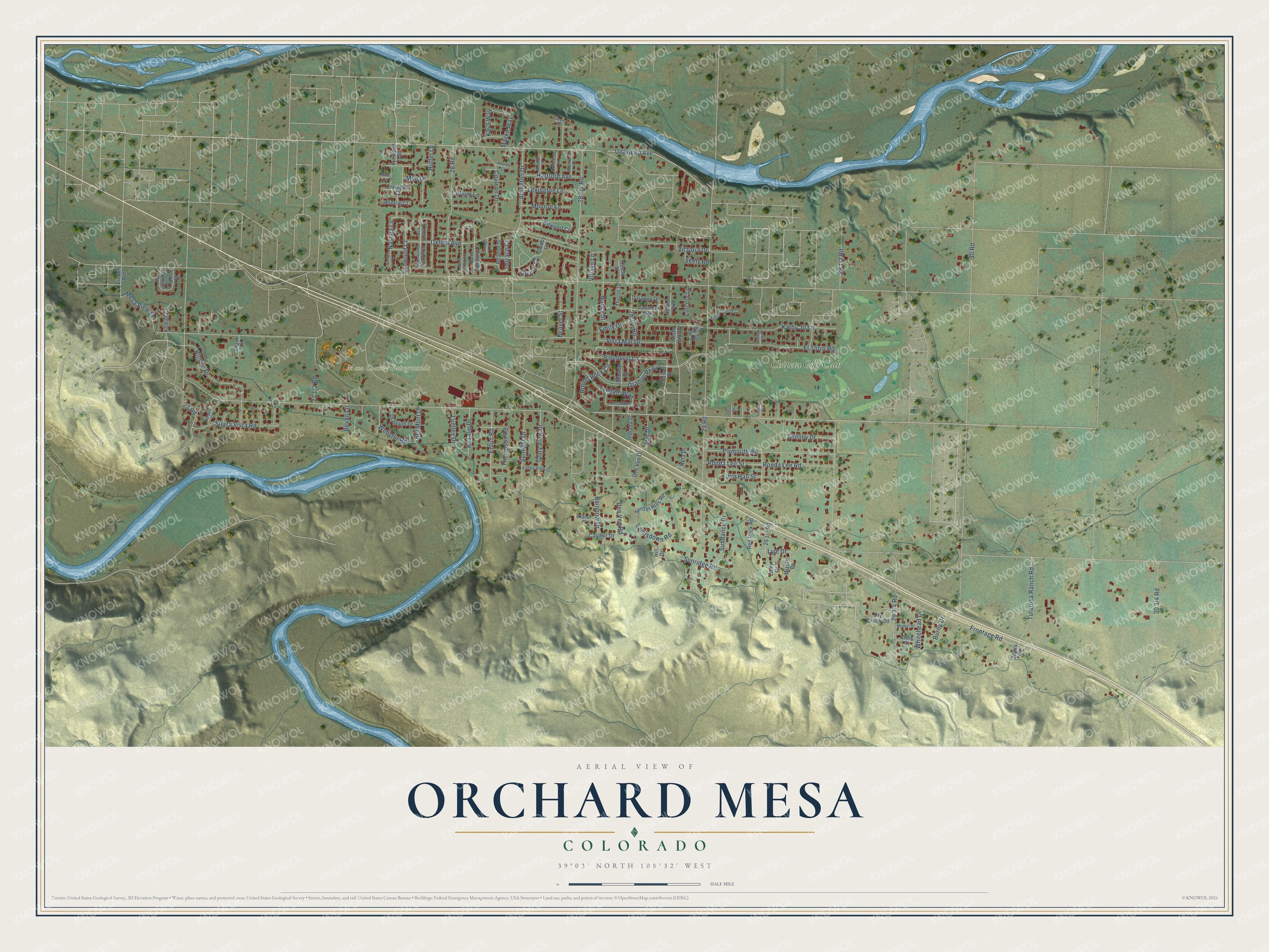 Full map of Orchard Mesa, Colorado, with red buildings, printed street names and the land around them