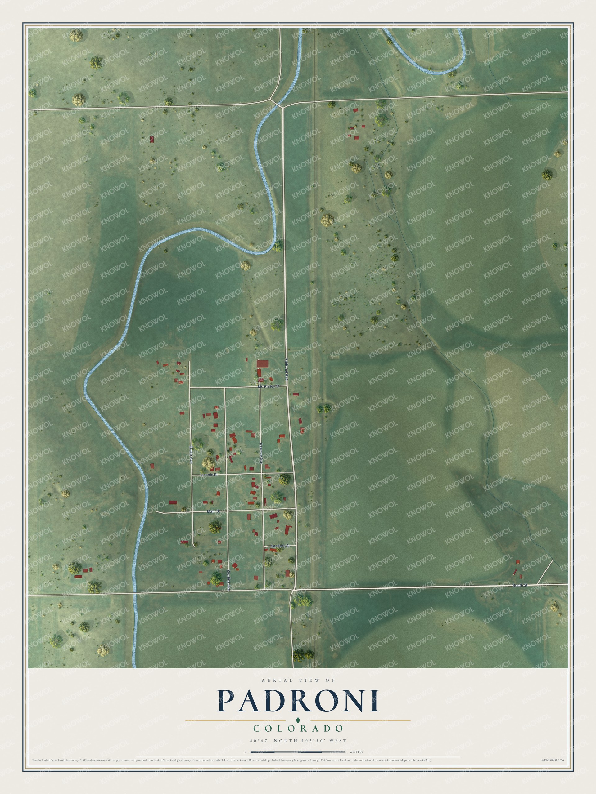 Full map of Padroni, Colorado, with red buildings, printed street names and the land around them