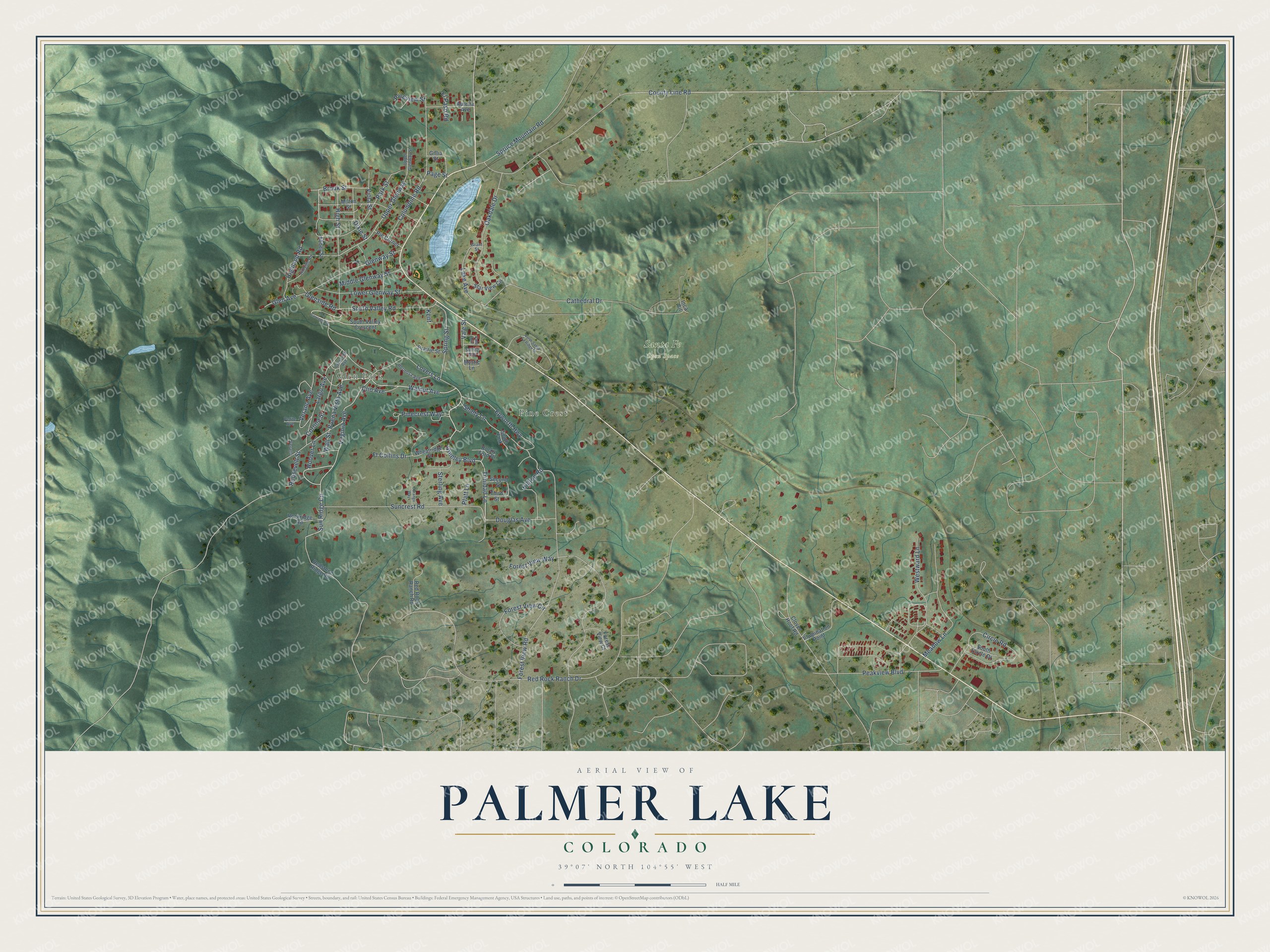 Full map of Palmer Lake, Colorado, with red buildings, printed street names and the land around them
