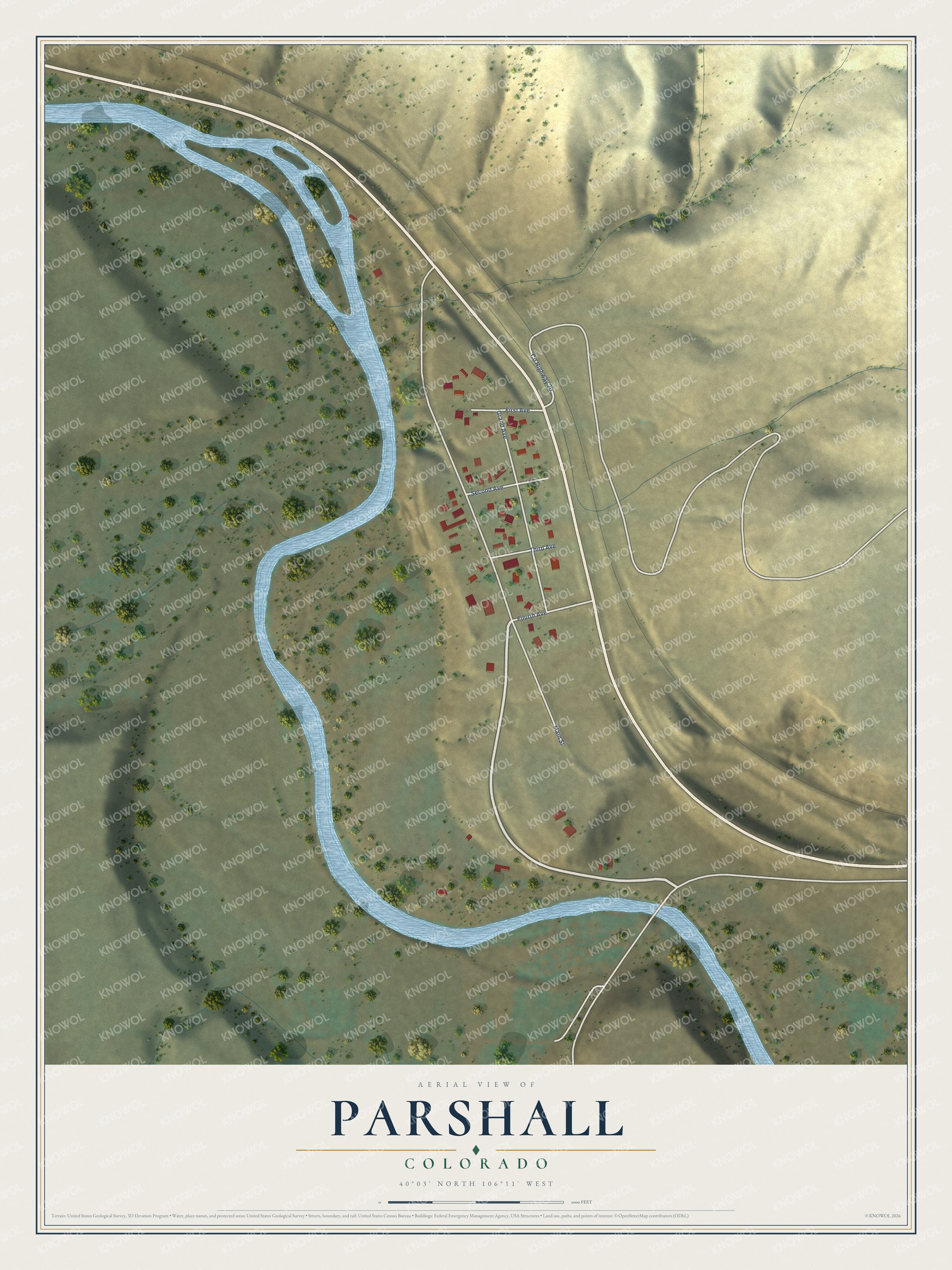 Full map of Parshall, Colorado, with red buildings, printed street names and the land around them