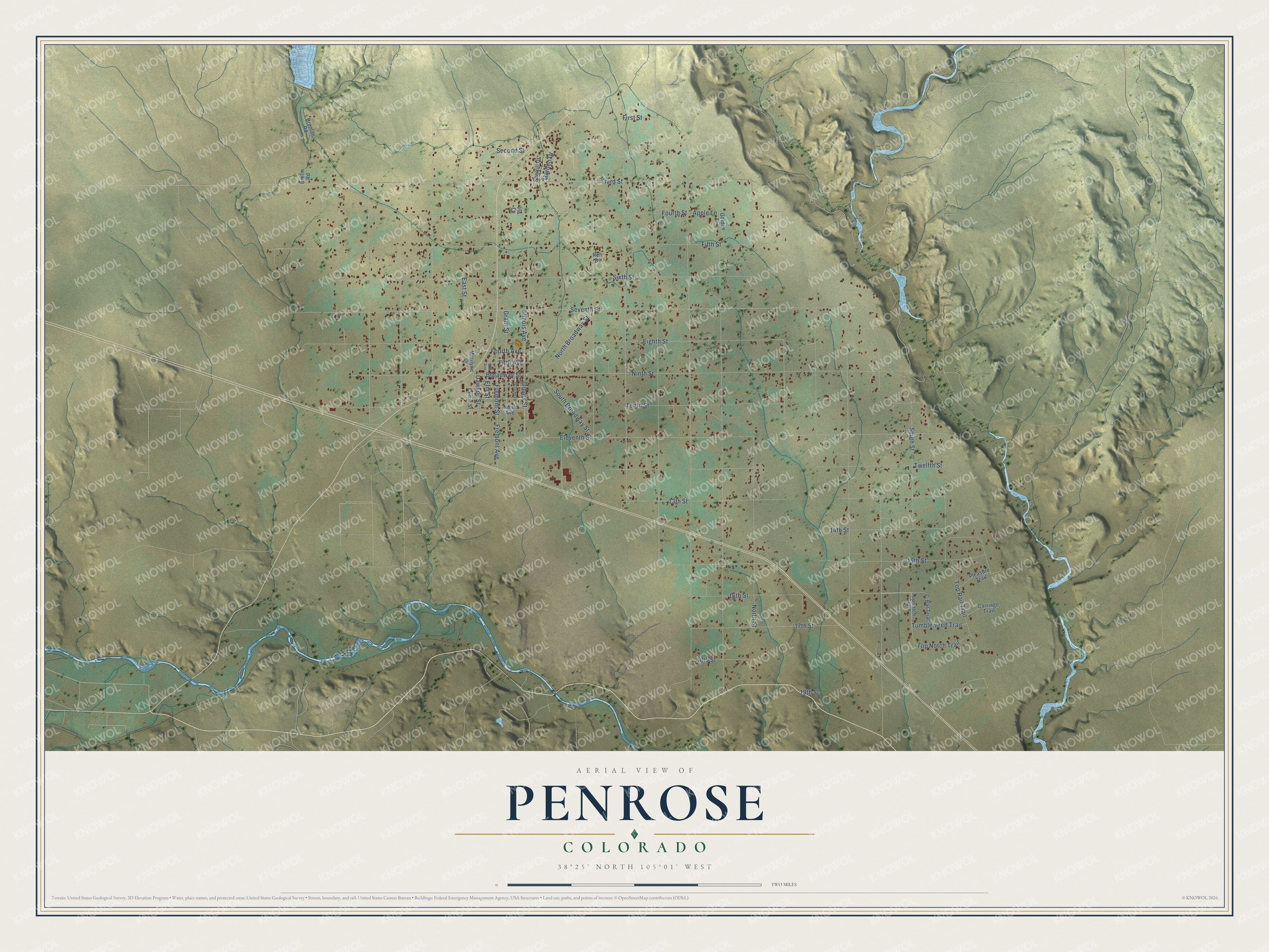 Full map of Penrose, Colorado, with red buildings, printed street names and the land around them