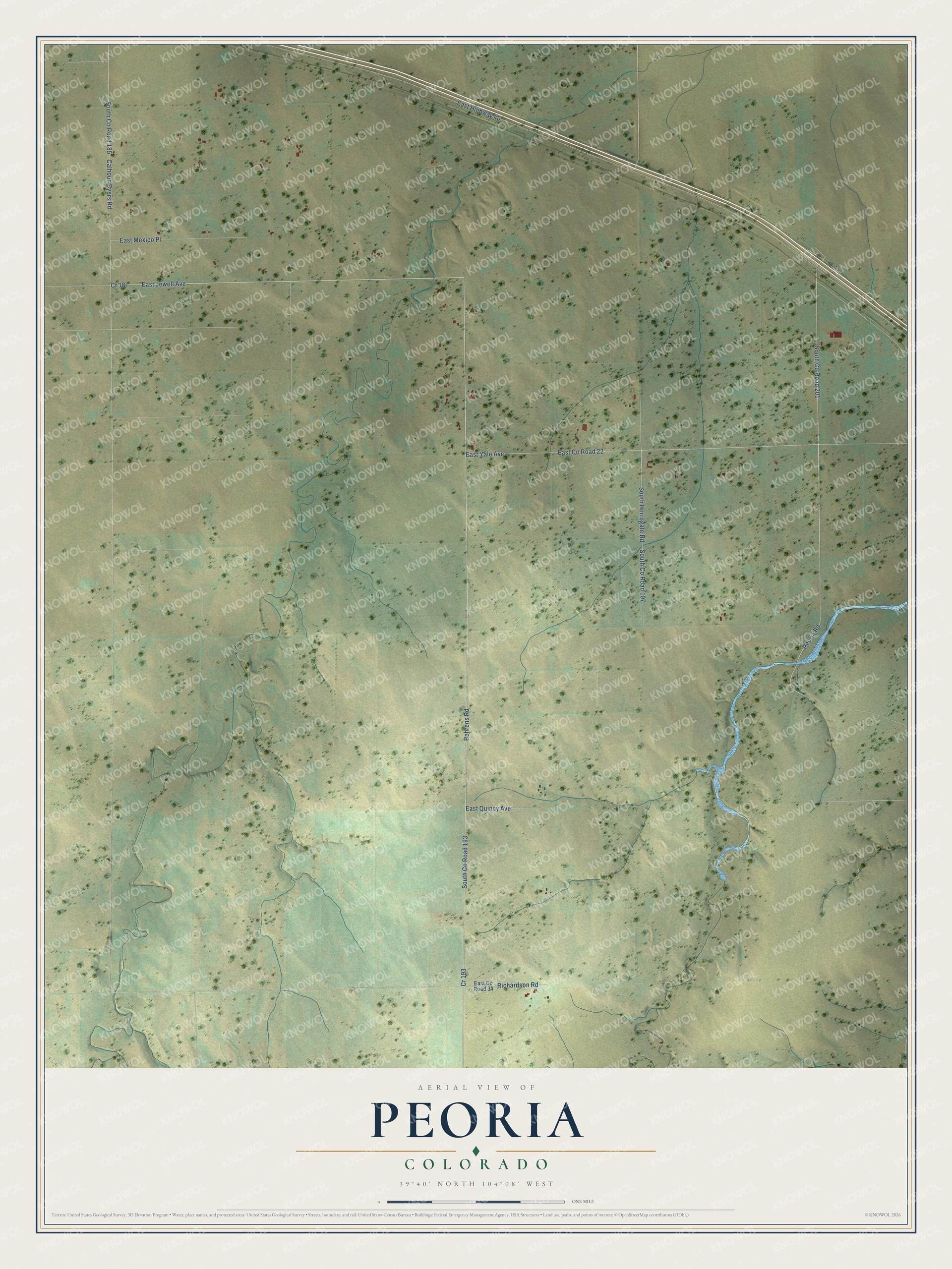 Full map of Peoria, Colorado, with red buildings, printed street names and the land around them