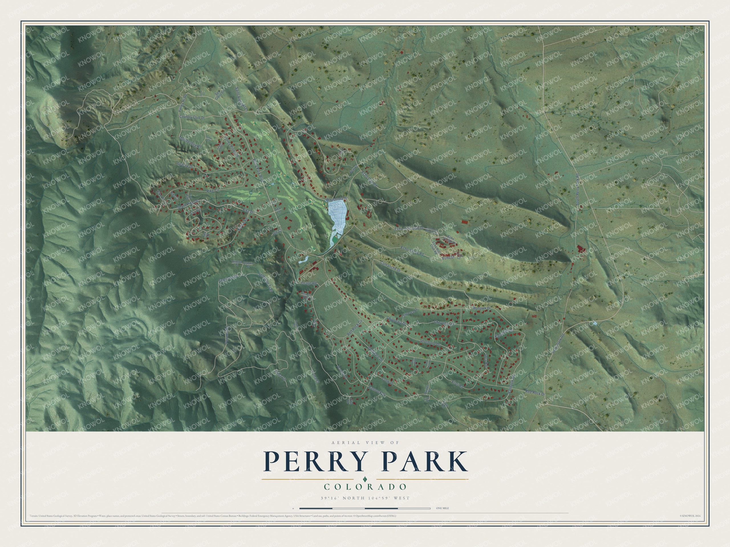 Full map of Perry Park, Colorado, with red buildings, printed street names and the land around them