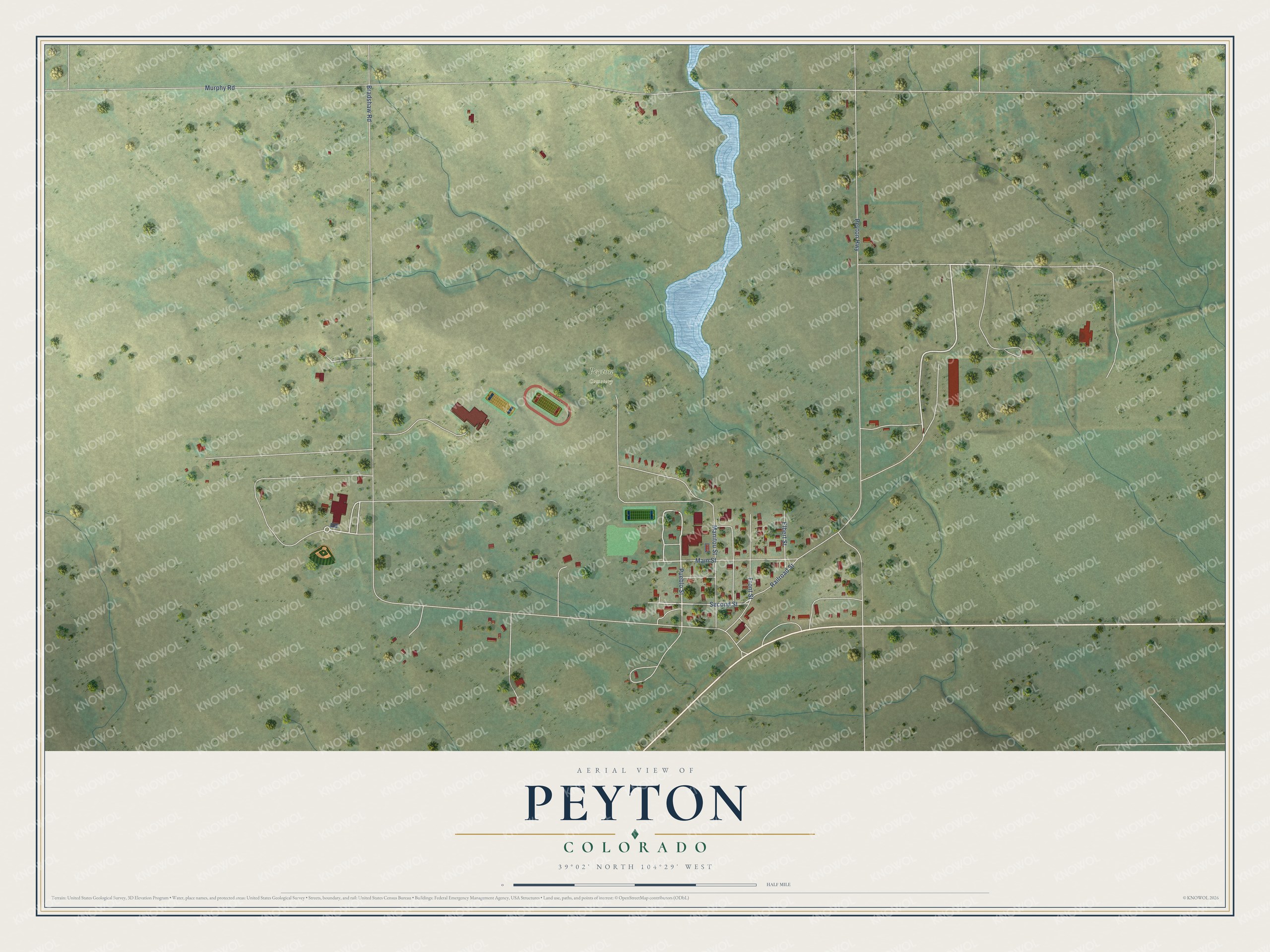 Full map of Peyton, Colorado, with red buildings, printed street names and the land around them