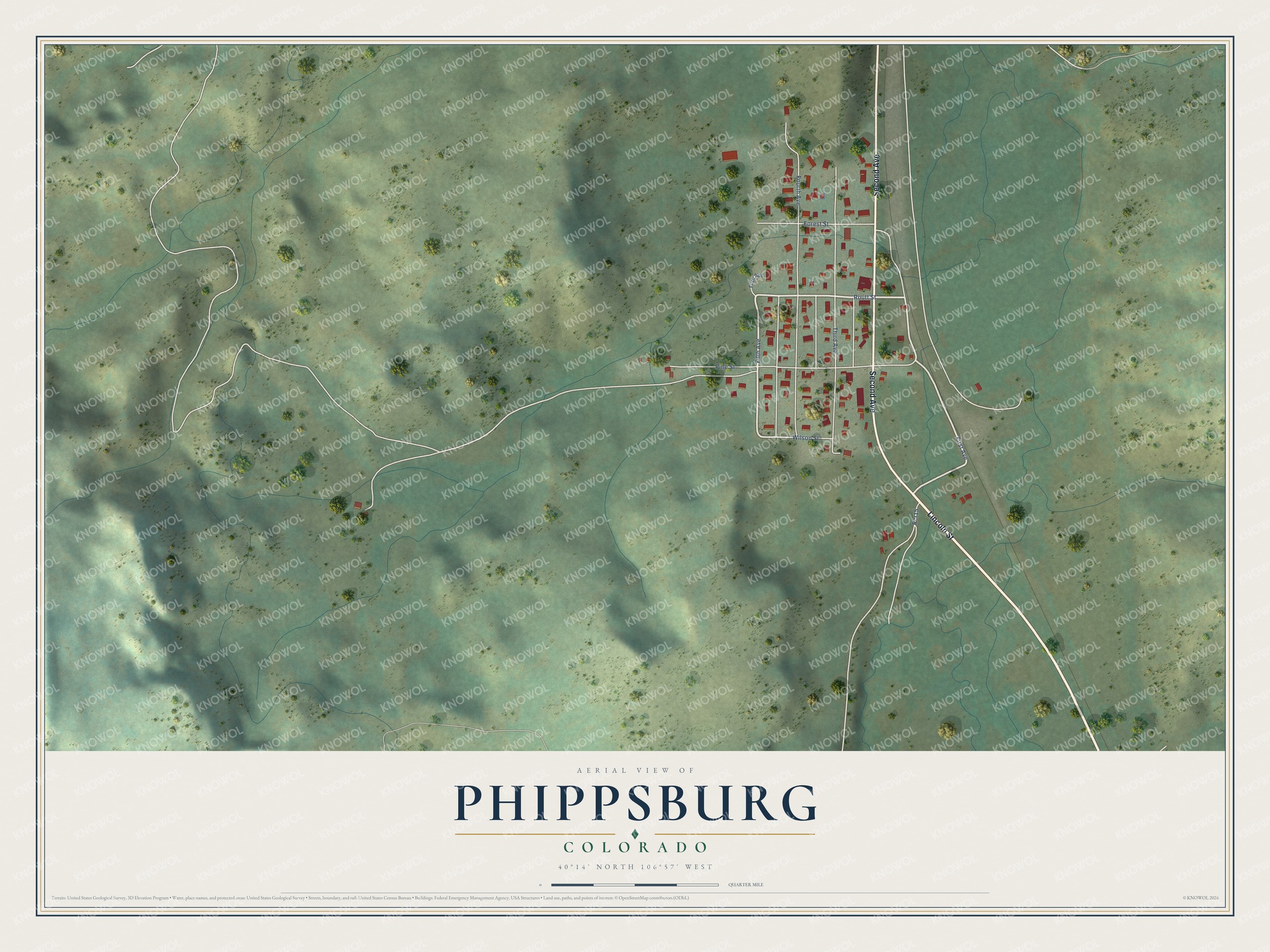 Full map of Phippsburg, Colorado, with red buildings, printed street names and the land around them