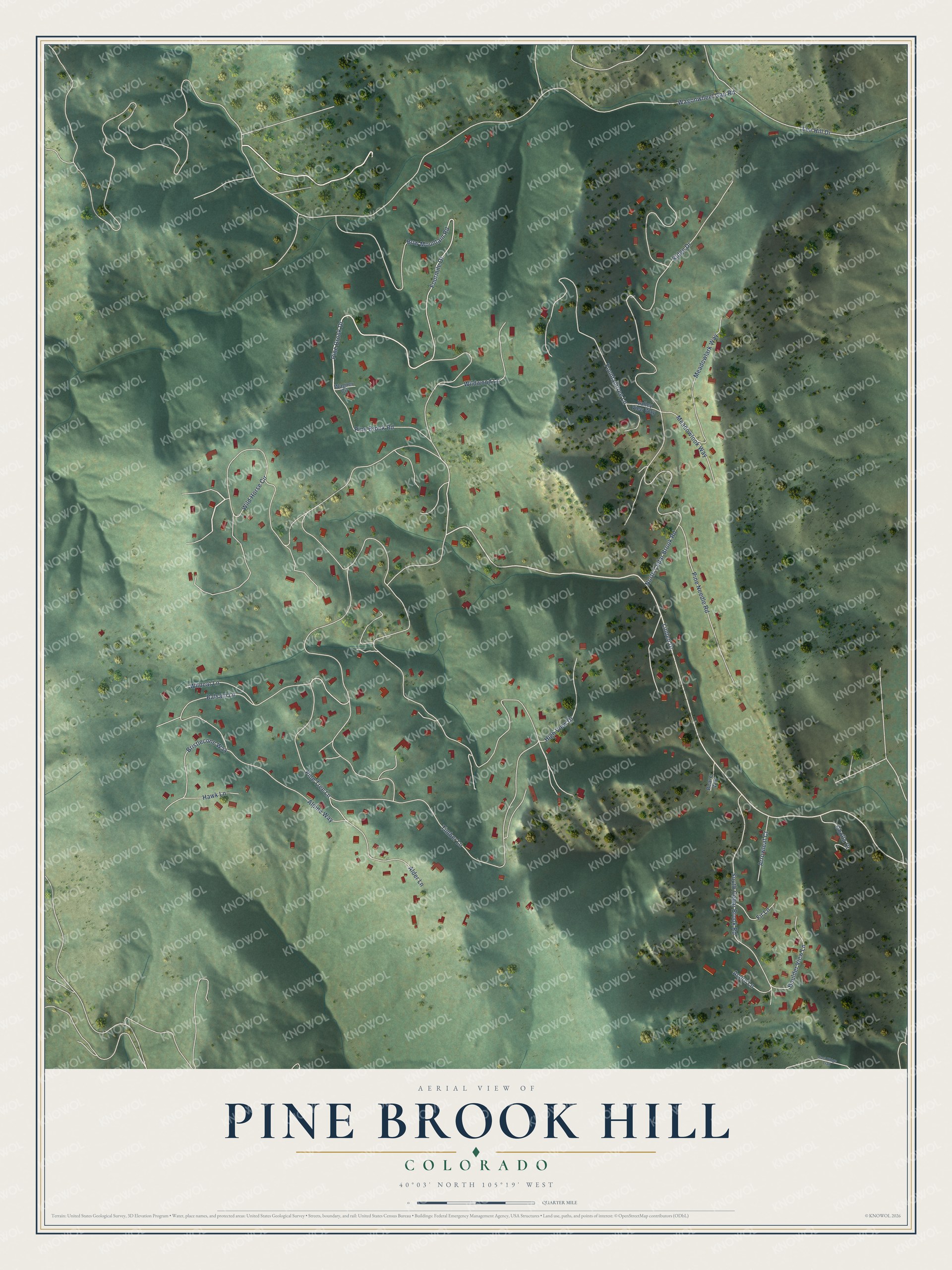 Full map of Pine Brook Hill, Colorado, with red buildings, printed street names and the land around them