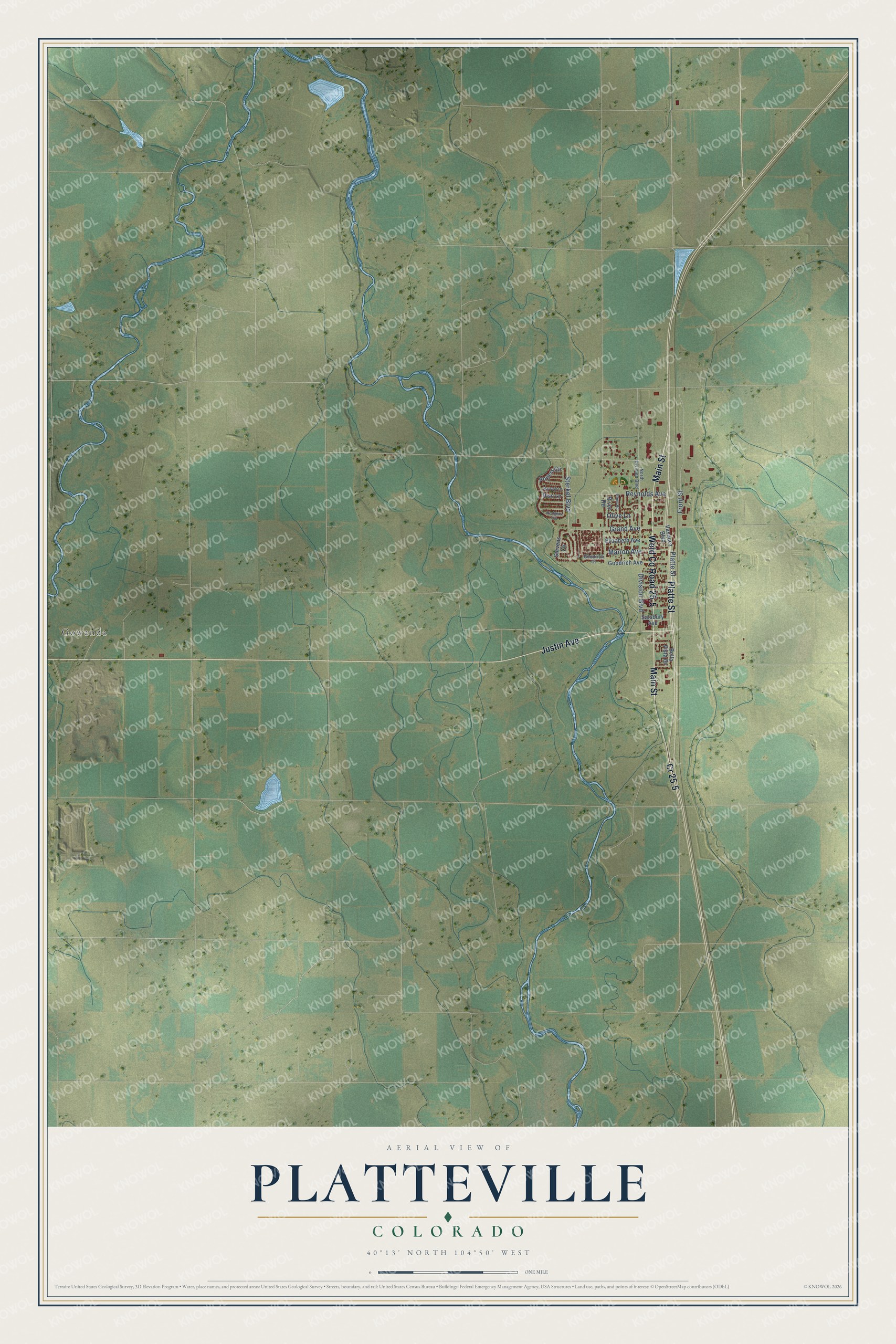 Full map of Platteville, Colorado, with red buildings, printed street names and the land around them