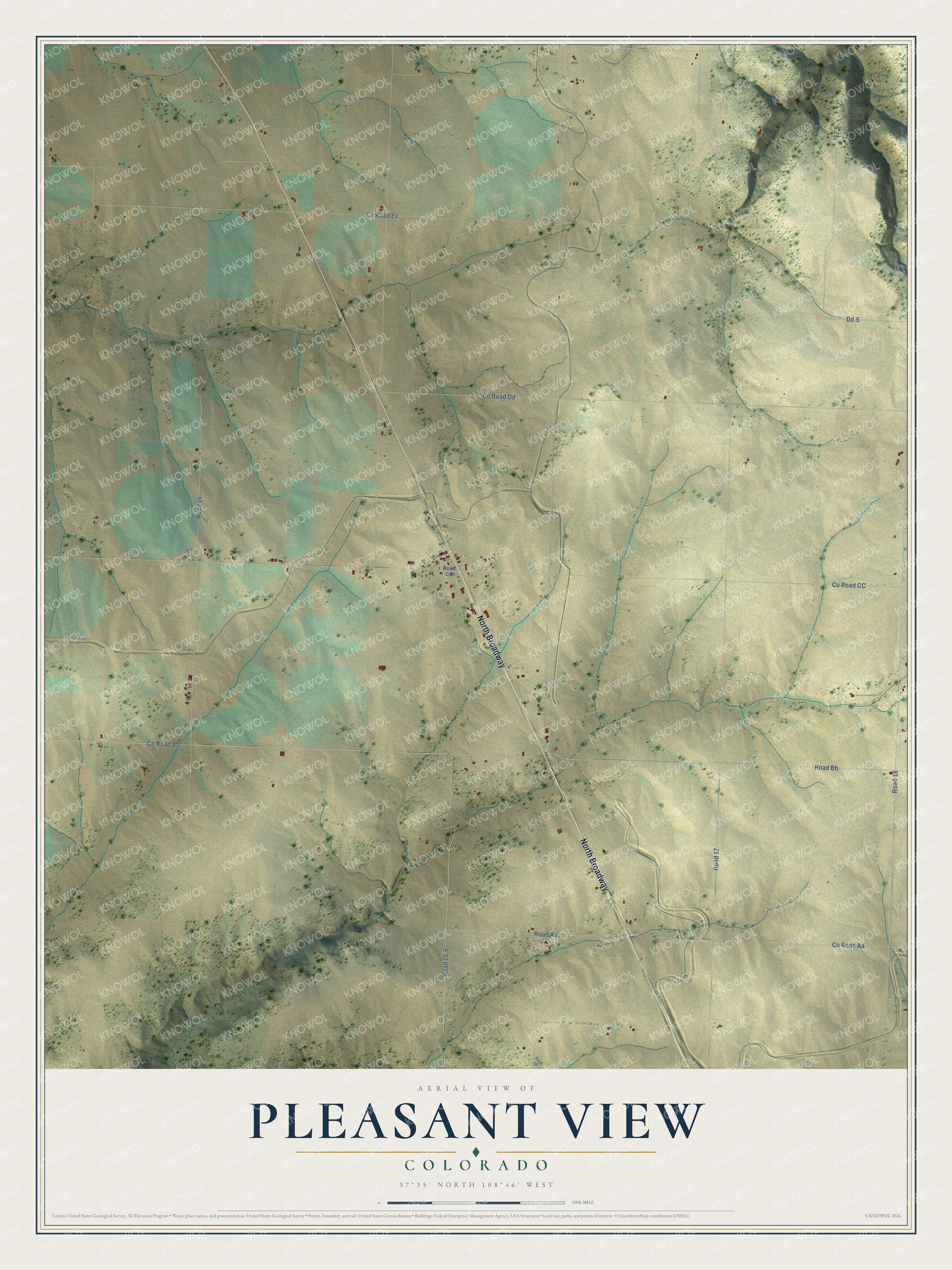 Full map of Pleasant View, Colorado, with red buildings, printed street names and the land around them