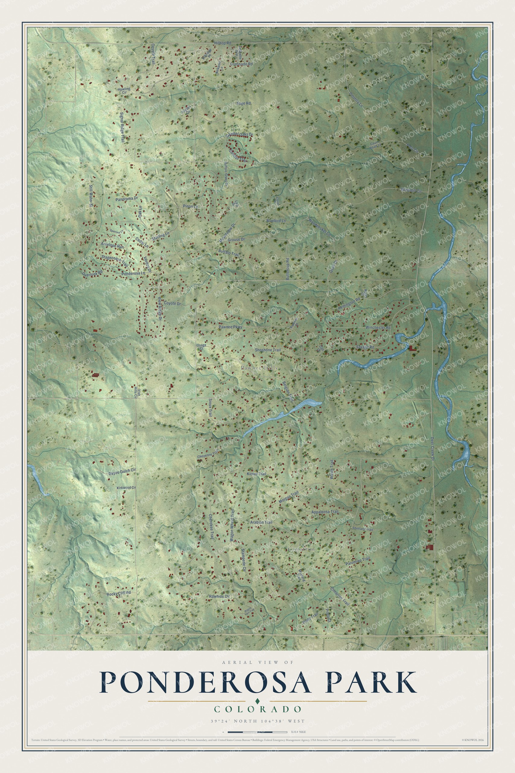 Full map of Ponderosa Park, Colorado, with red buildings, printed street names and the land around them