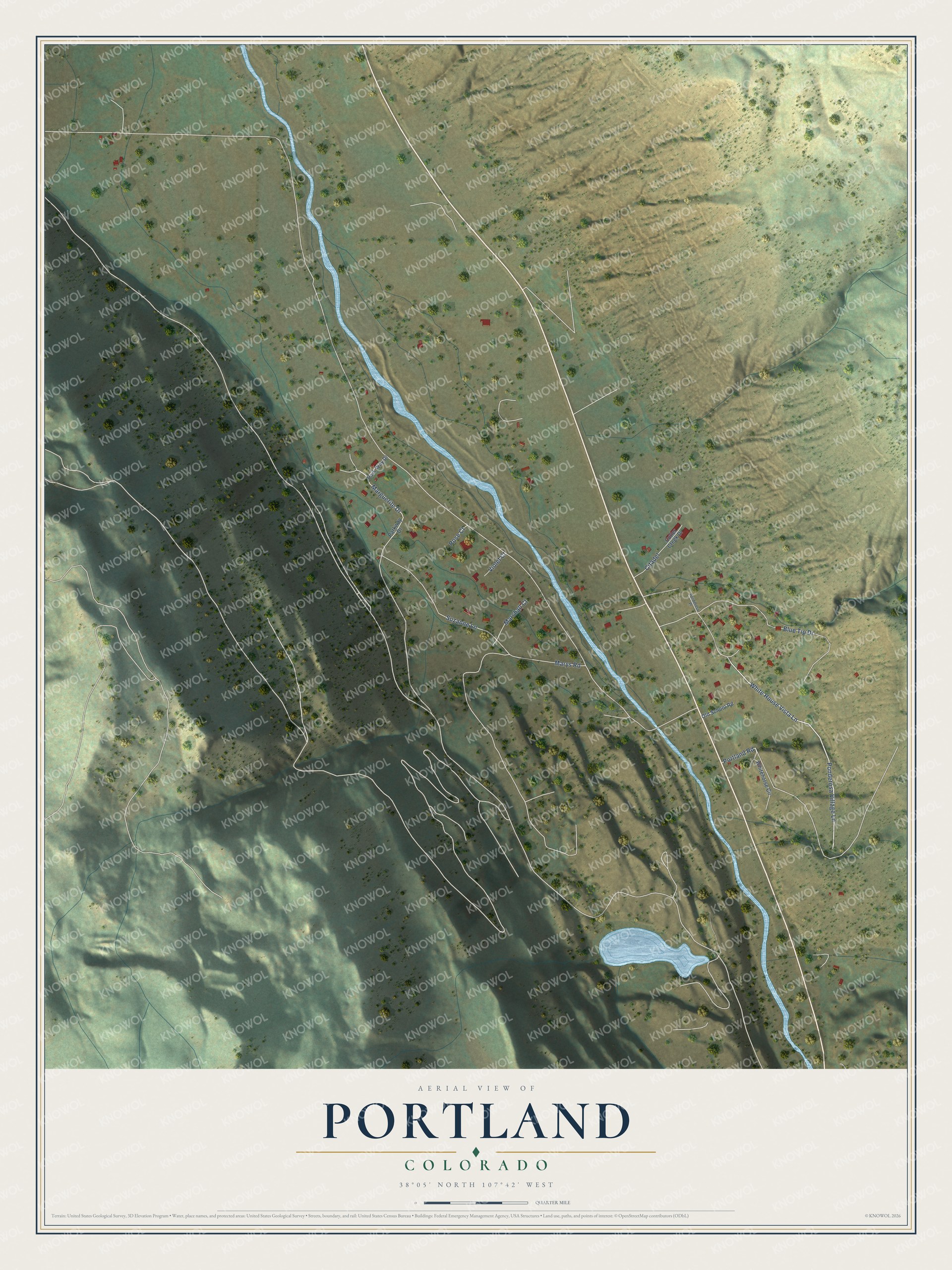 Full map of Portland, Colorado, with red buildings, printed street names and the land around them
