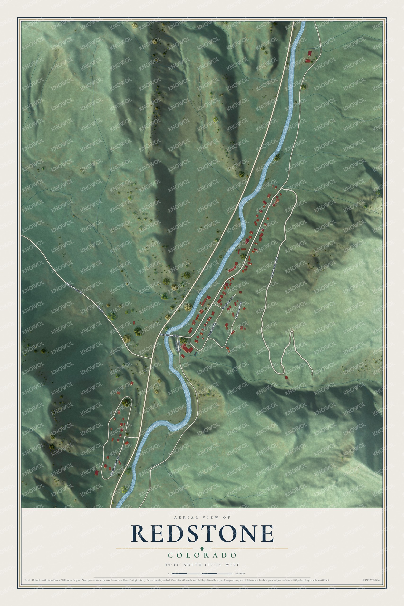 Full map of Redstone, Colorado, with red buildings, printed street names and the land around them