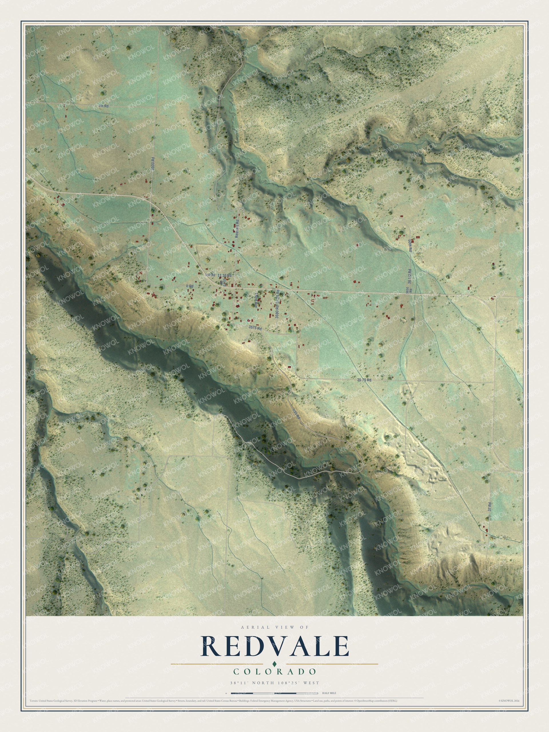 Full map of Redvale, Colorado, with red buildings, printed street names and the land around them