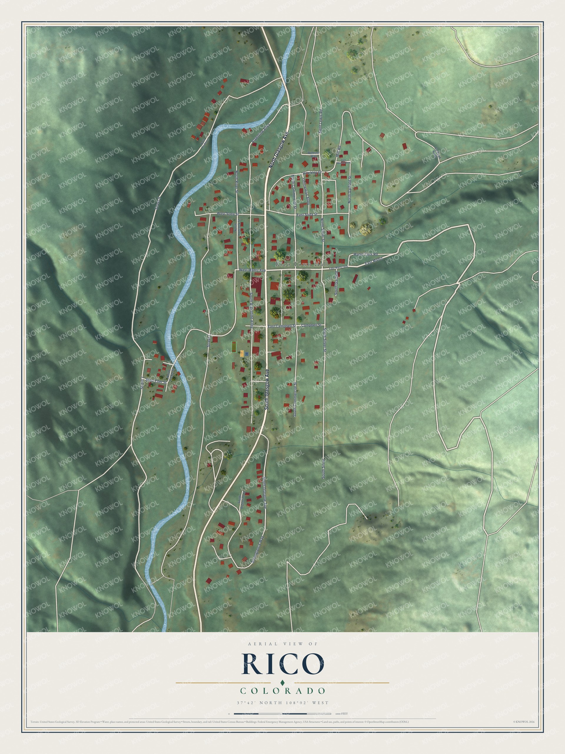 Full map of Rico, Colorado, with red buildings, printed street names and the land around them