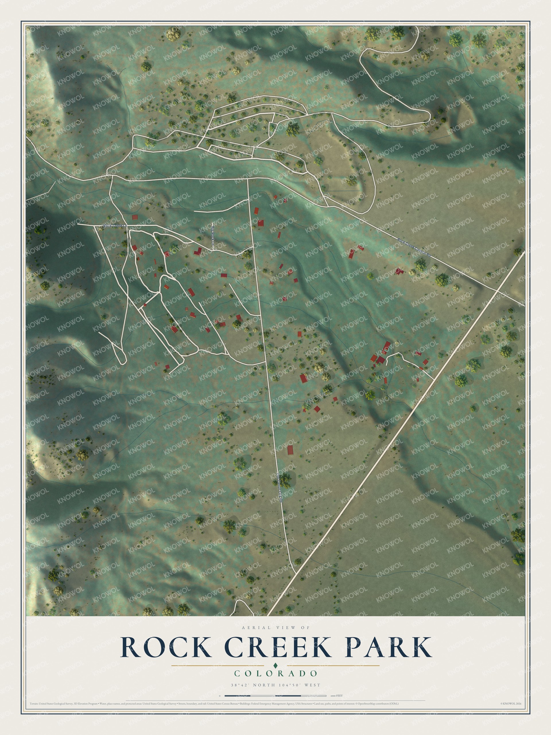 Full map of Rock Creek Park, Colorado, with red buildings, printed street names and the land around them