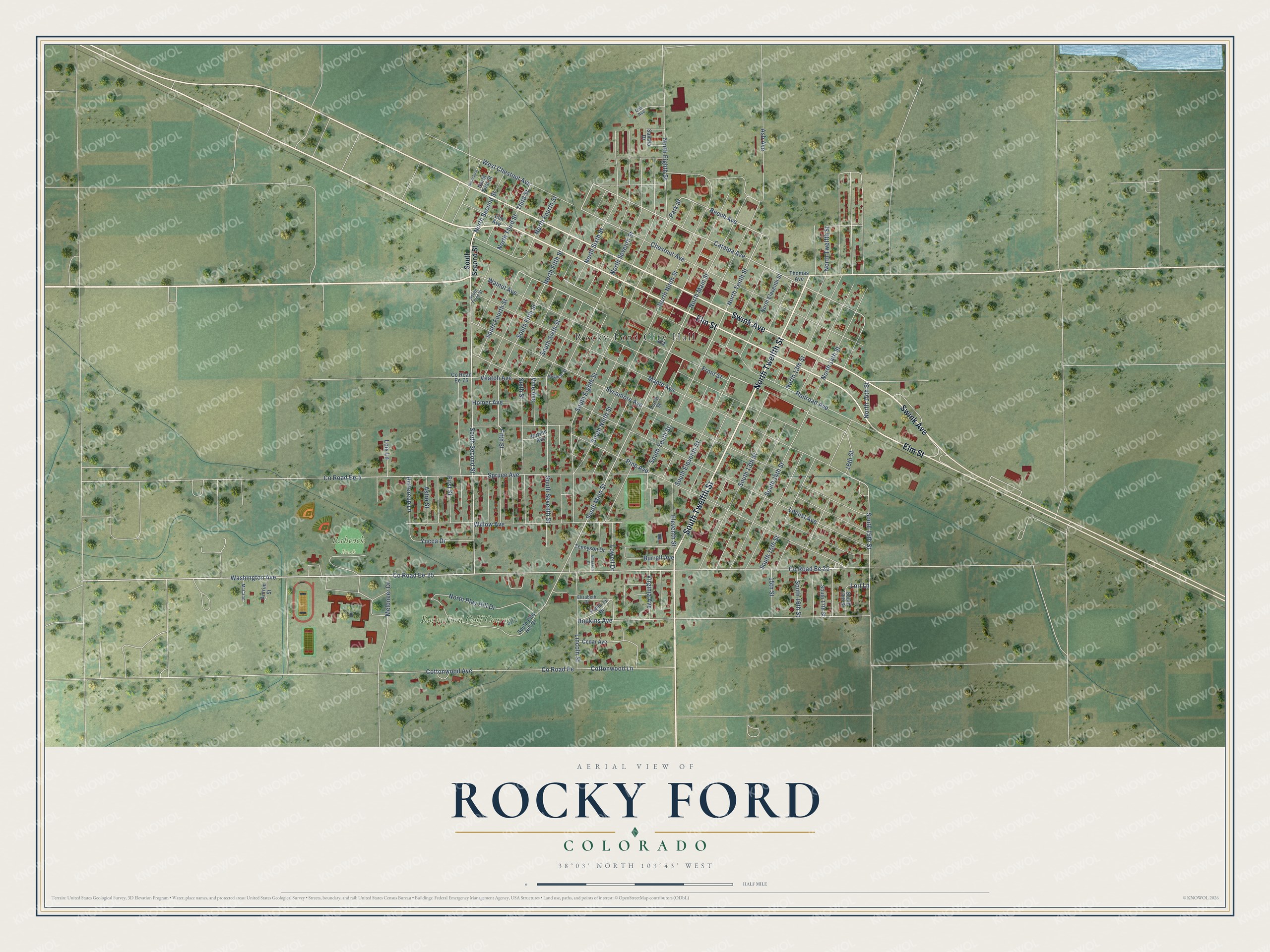 Full map of Rocky Ford, Colorado, with red buildings, printed street names and the land around them