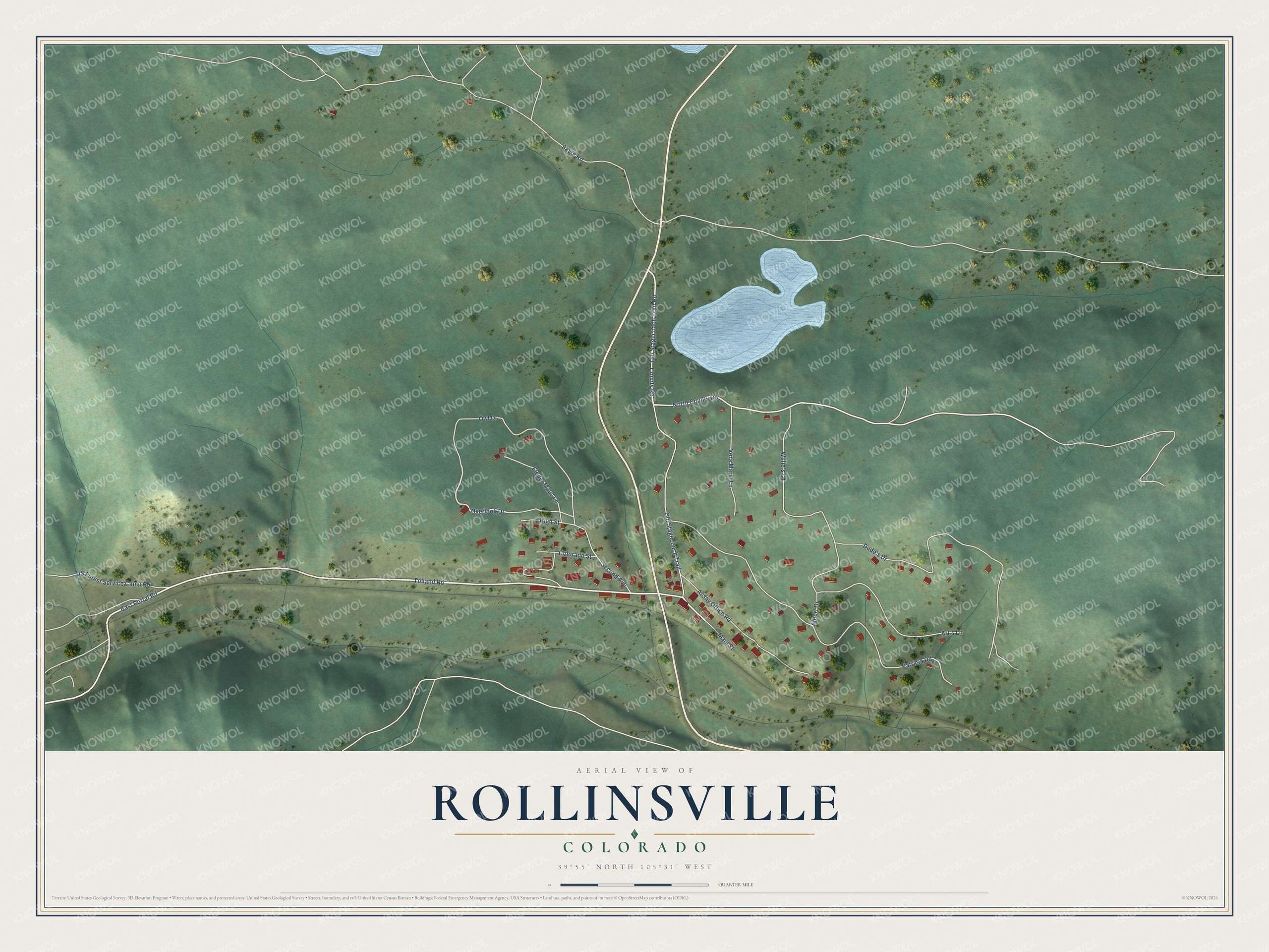 Full map of Rollinsville, Colorado, with red buildings, printed street names and the land around them