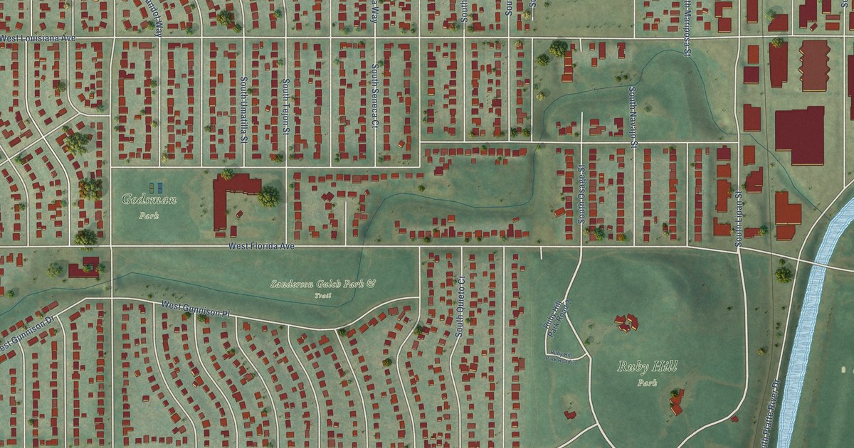 Close-up of streets and buildings in Ruby Hill, Colorado