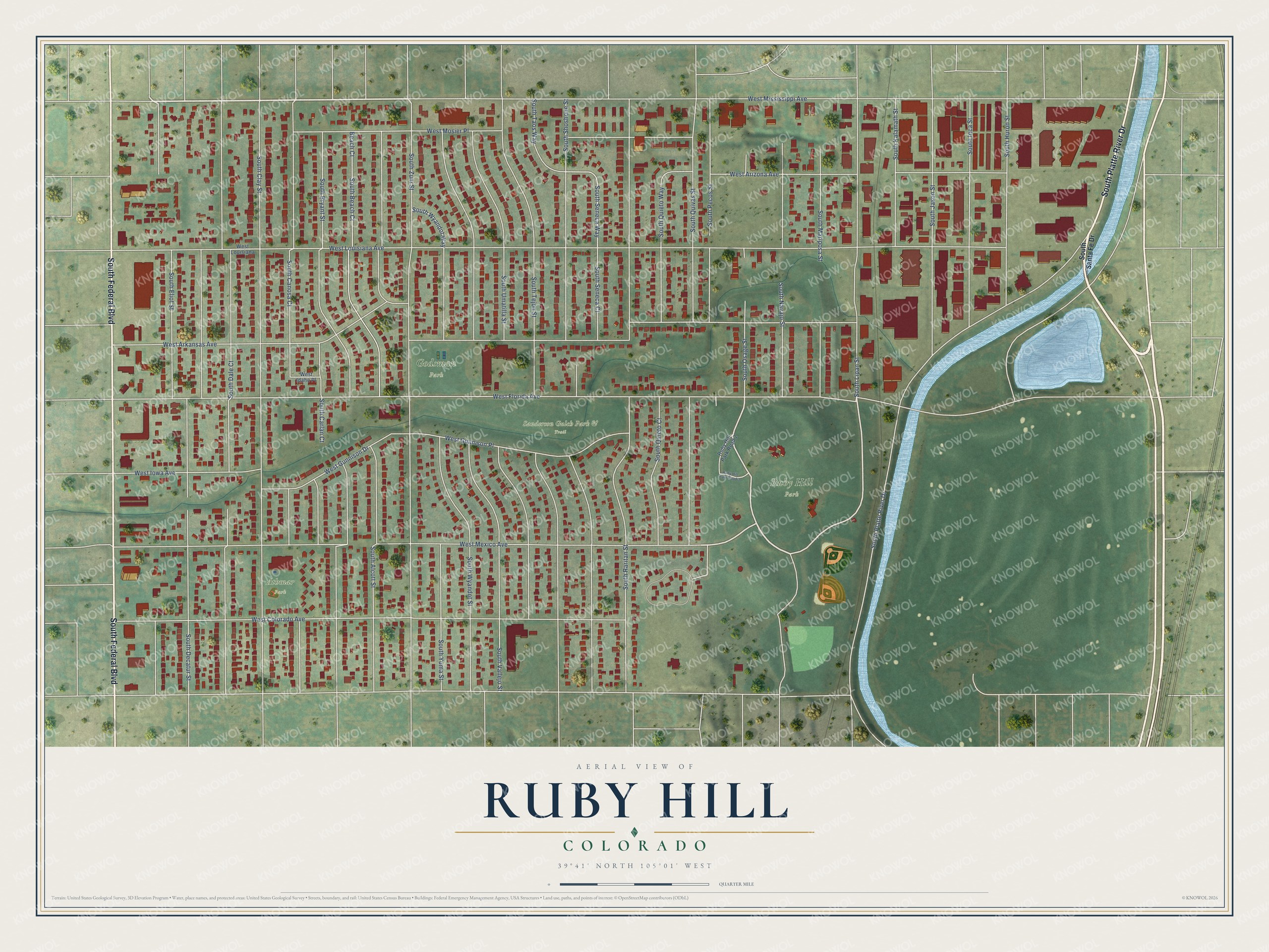Full map of Ruby Hill, Colorado, with red buildings, printed street names and the land around them