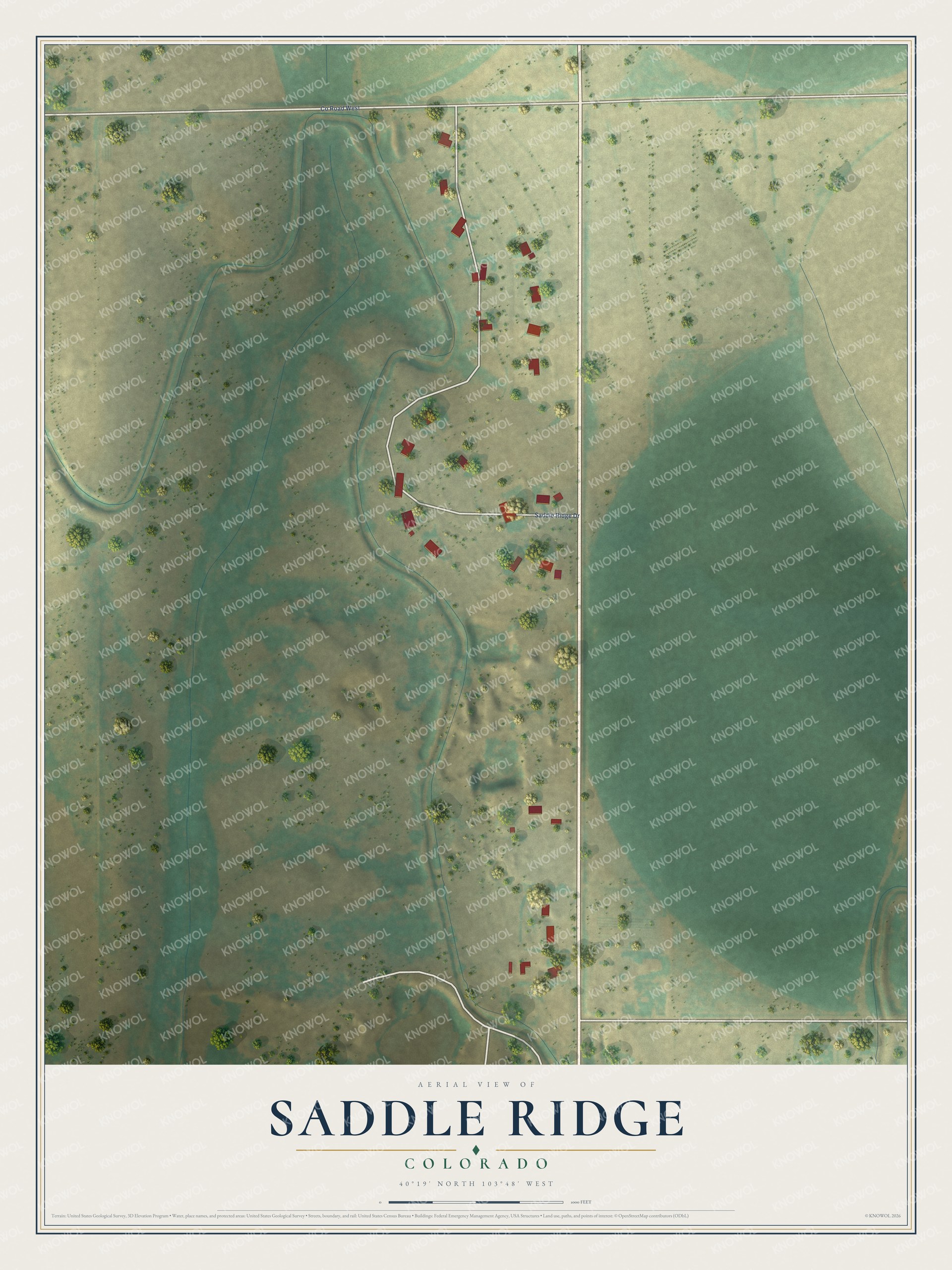 Full map of Saddle Ridge, Colorado, with red buildings, printed street names and the land around them