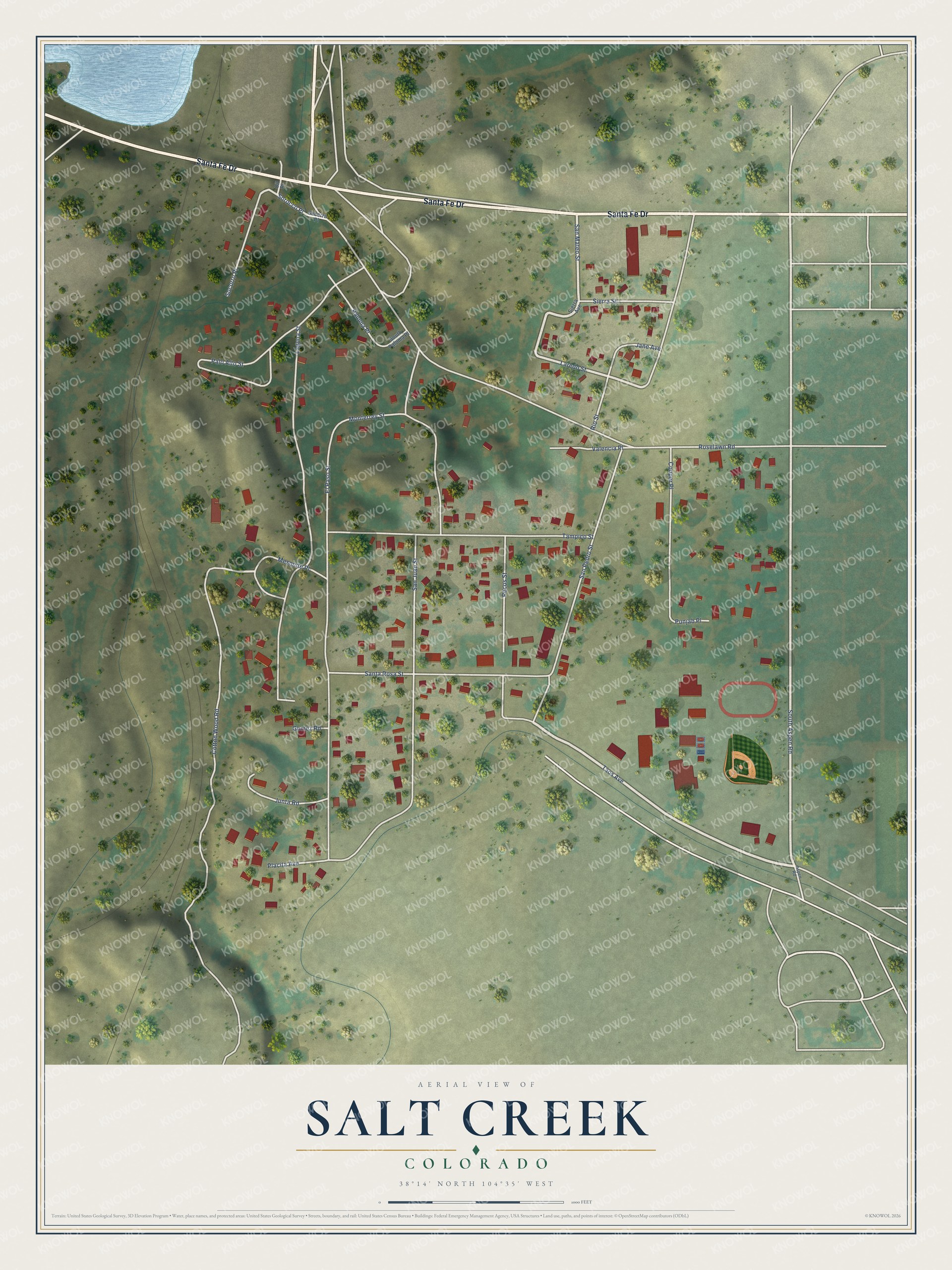 Full map of Salt Creek, Colorado, with red buildings, printed street names and the land around them