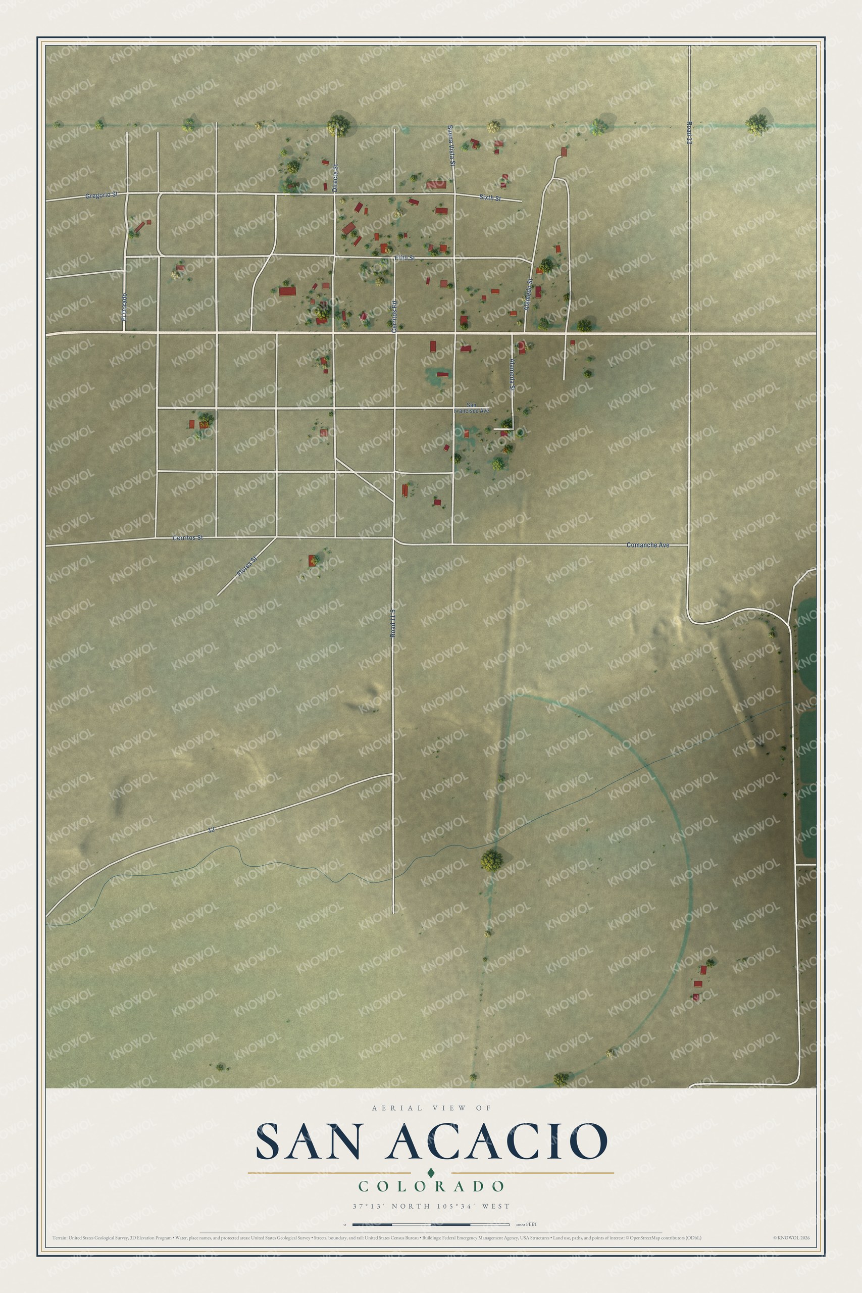 Full map of San Acacio, Colorado, with red buildings, printed street names and the land around them
