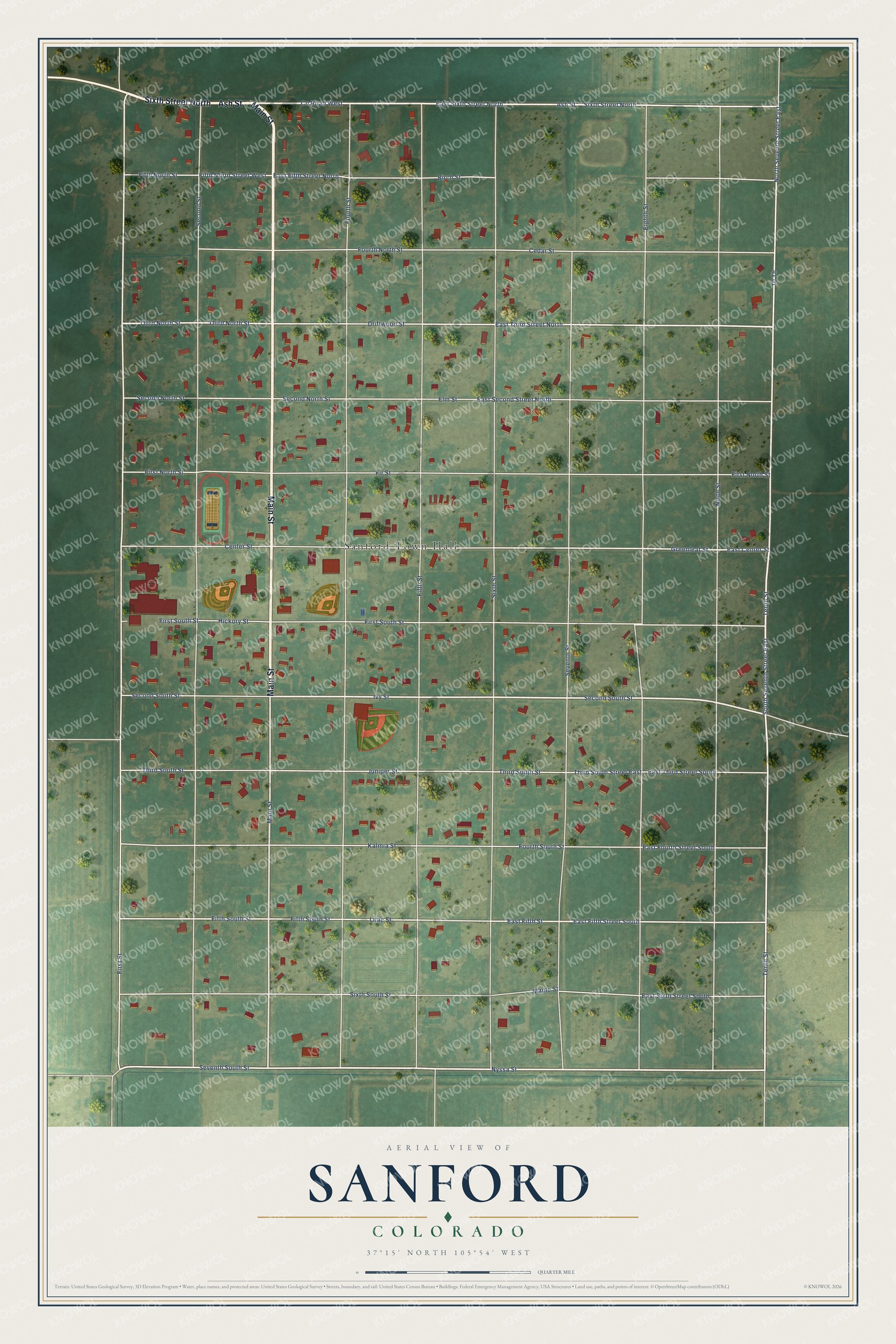 Full map of Sanford, Colorado, with red buildings, printed street names and the land around them