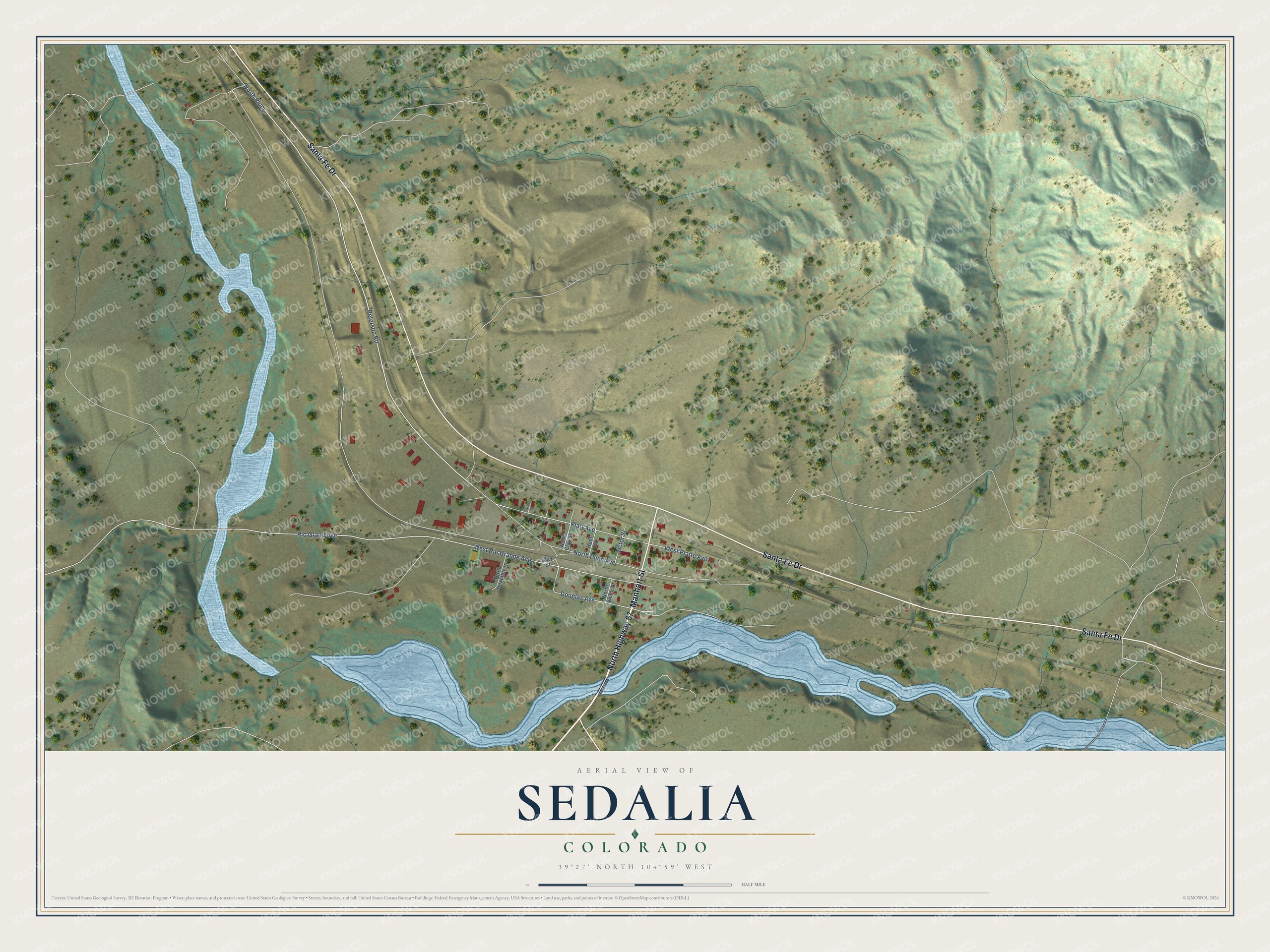 Full map of Sedalia, Colorado, with red buildings, printed street names and the land around them